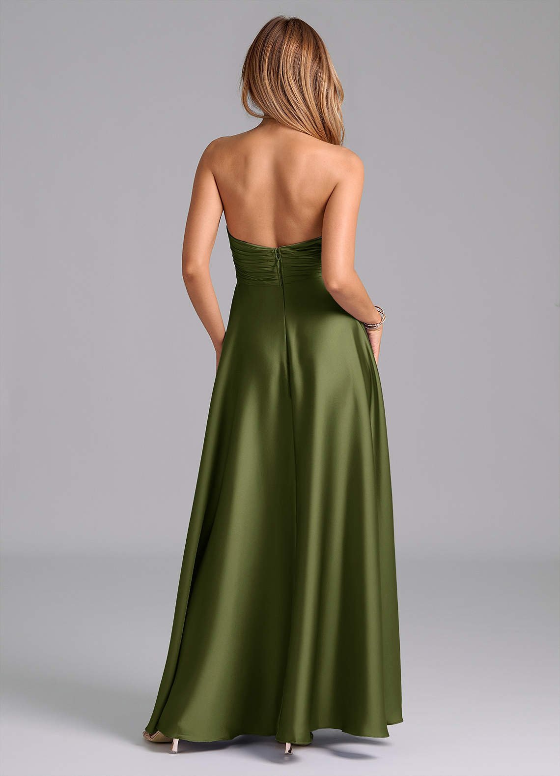 Tessie A-Line V-Neck Stretch Satin Bridesmaid Dress in Olive