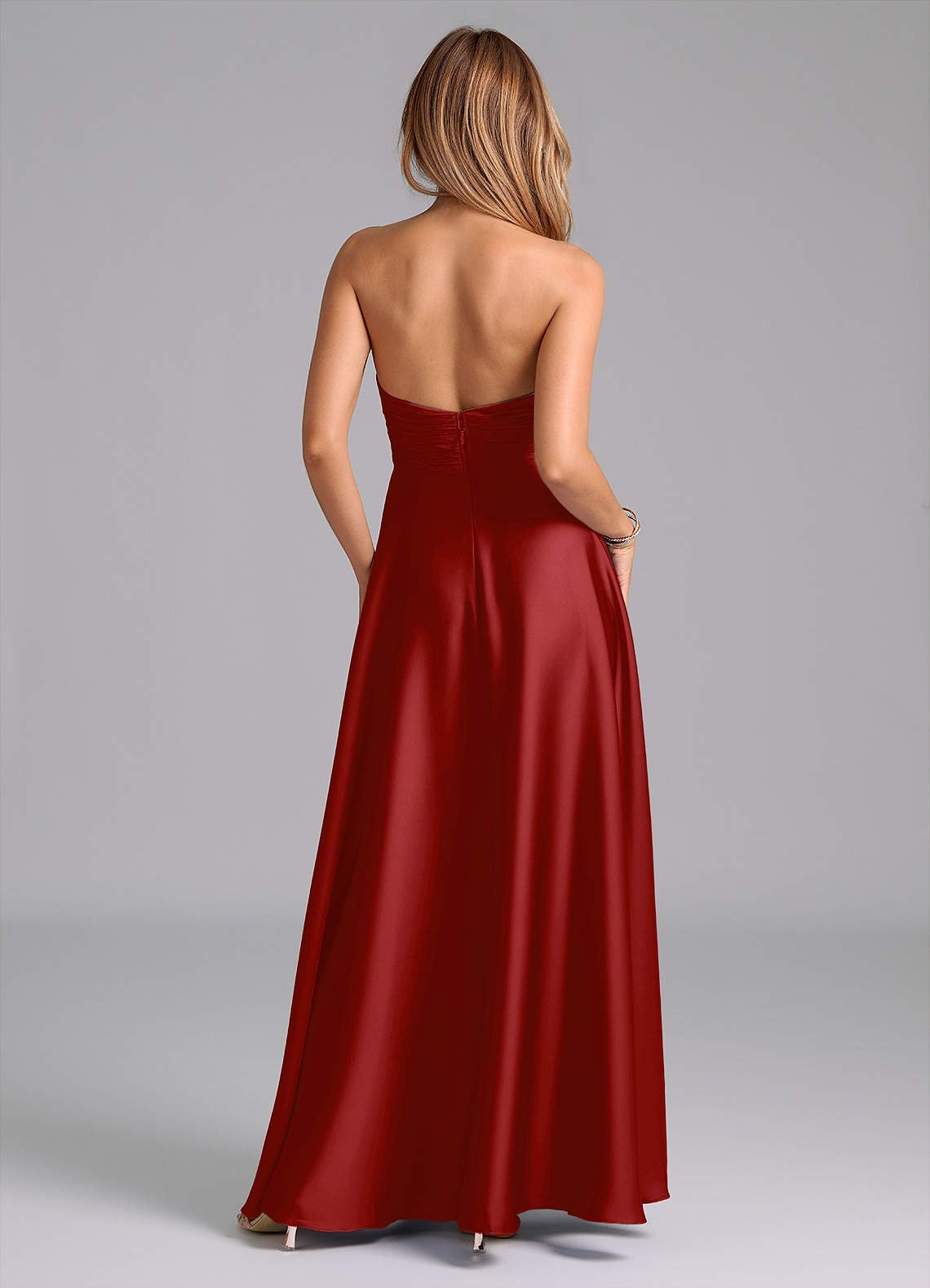Tessie A-Line V-Neck Stretch Satin Bridesmaid Dress in Pomegranate