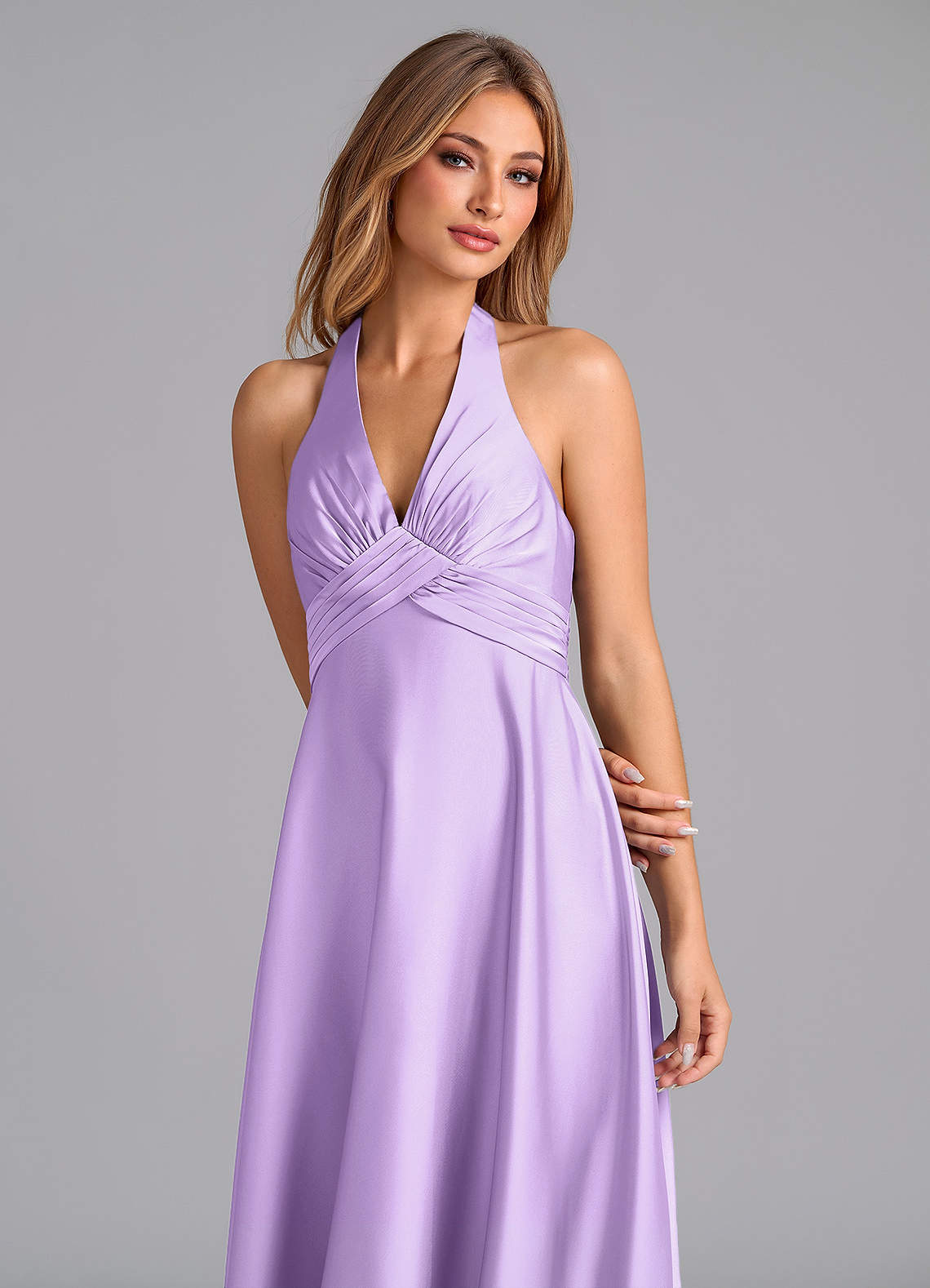 Tessie A-Line V-Neck Stretch Satin Bridesmaid Dress in Lilac