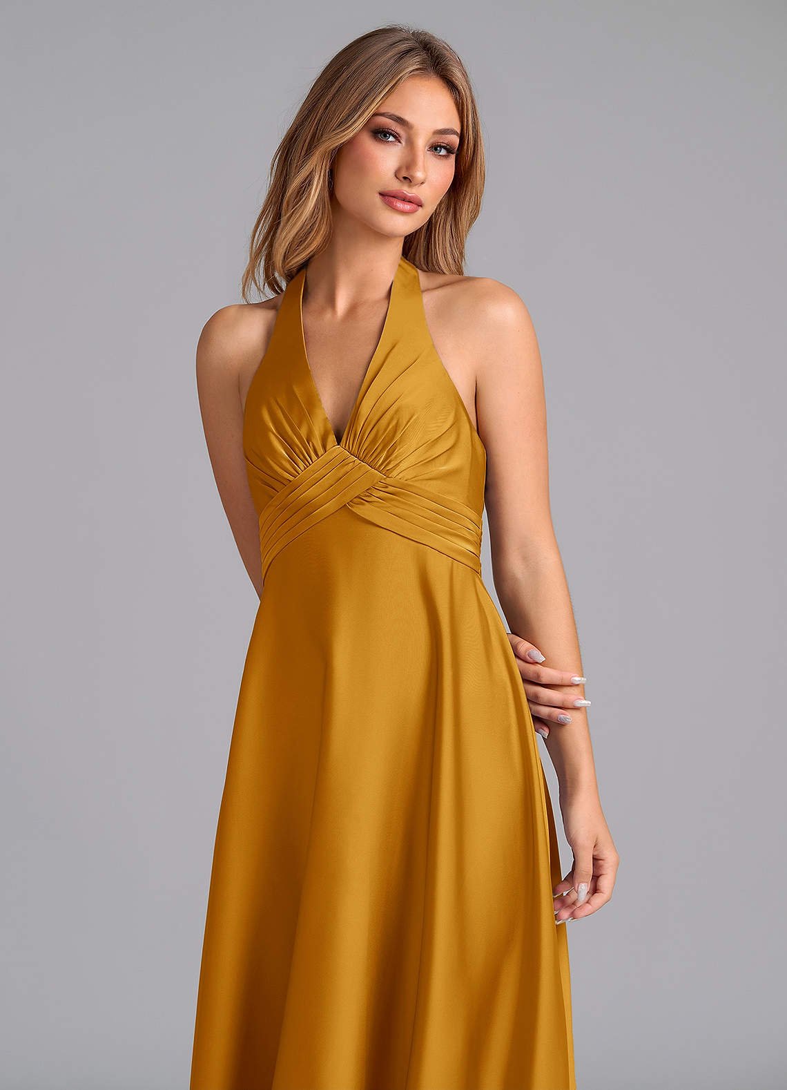 Tessie A-Line V-Neck Stretch Satin Bridesmaid Dress in butterscotch