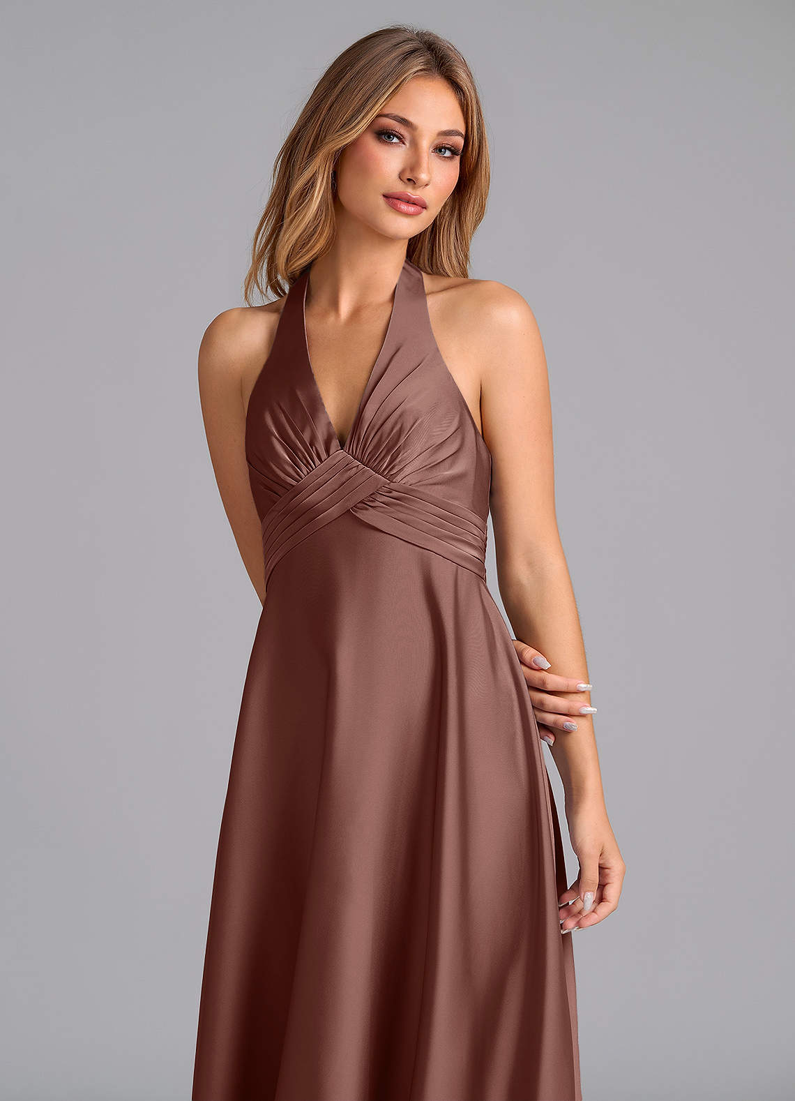 Tessie A-Line V-Neck Stretch Satin Bridesmaid Dress in Espresso