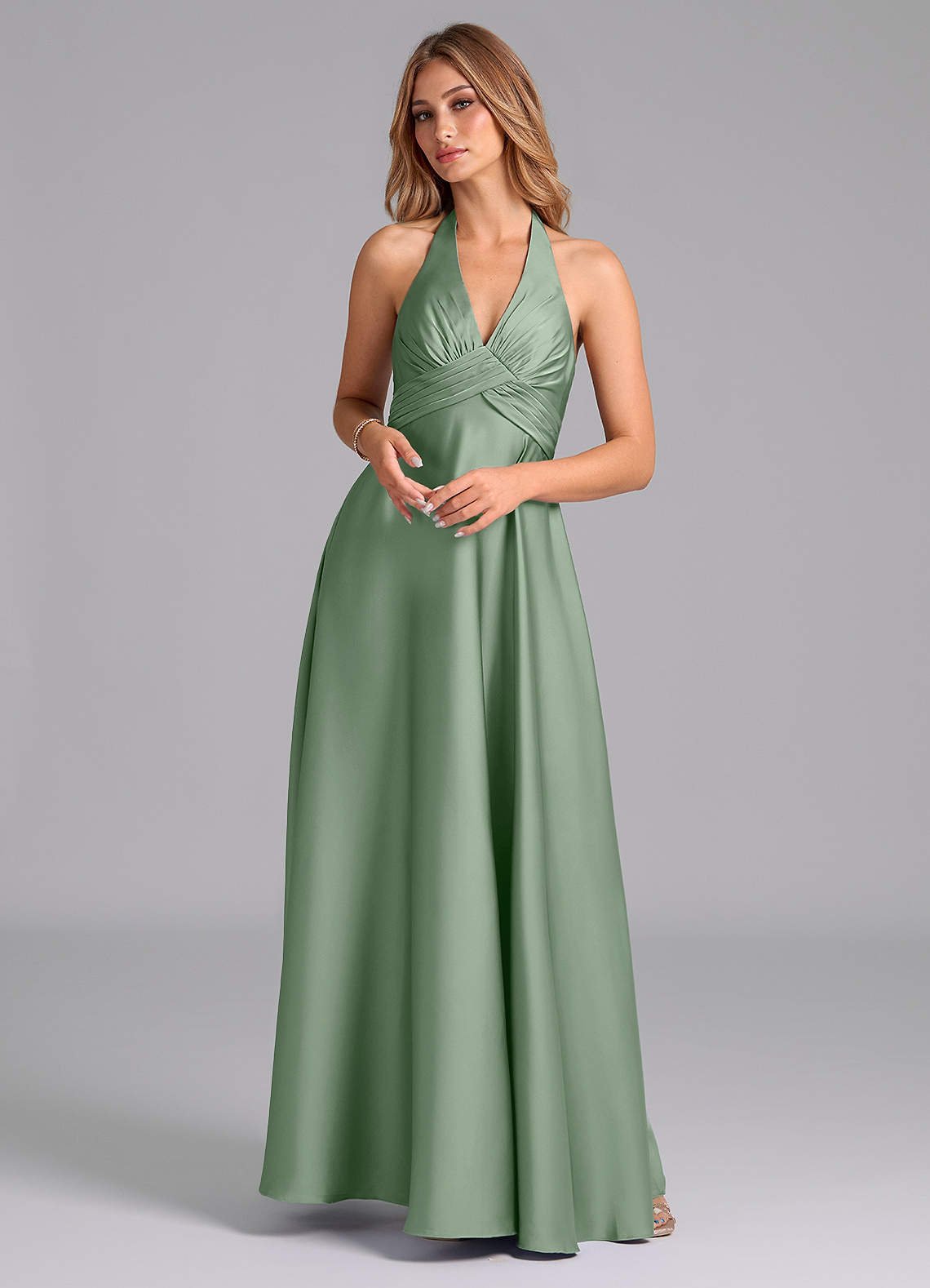 Tessie A-Line V-Neck Stretch Satin Bridesmaid Dress in Matcha
