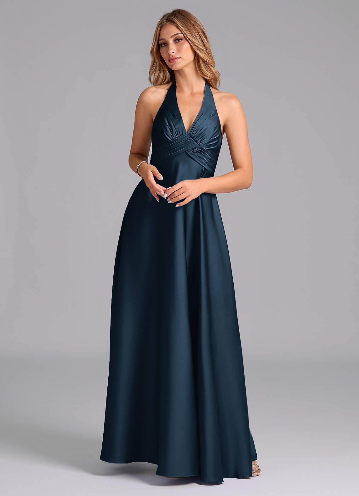 Tessie A-Line V-Neck Stretch Satin Bridesmaid Dress in Dark Navy