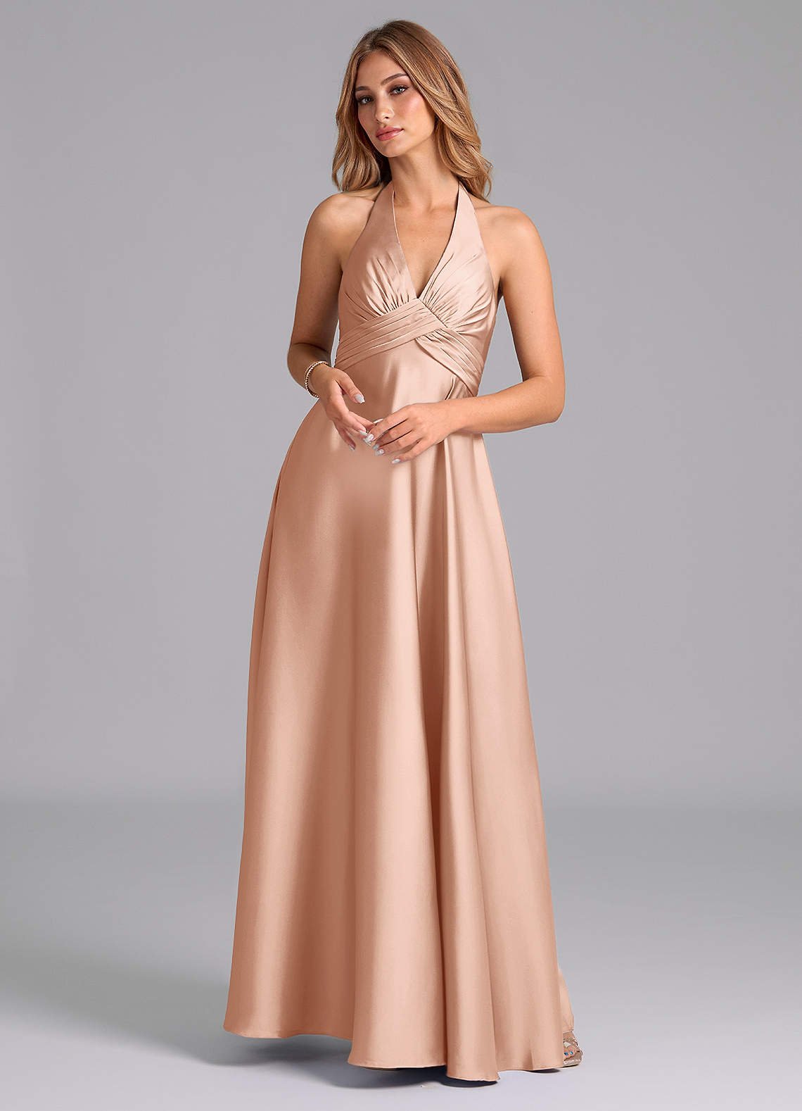 Tessie A-Line V-Neck Stretch Satin Bridesmaid Dress in rose gold