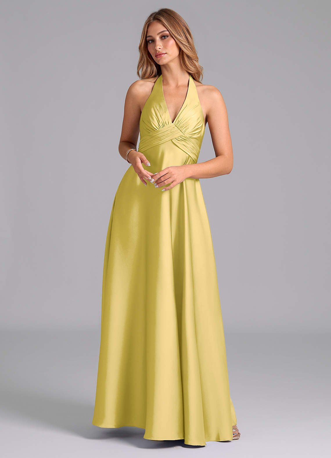 Tessie A-Line V-Neck Stretch Satin Bridesmaid Dress in Canary
