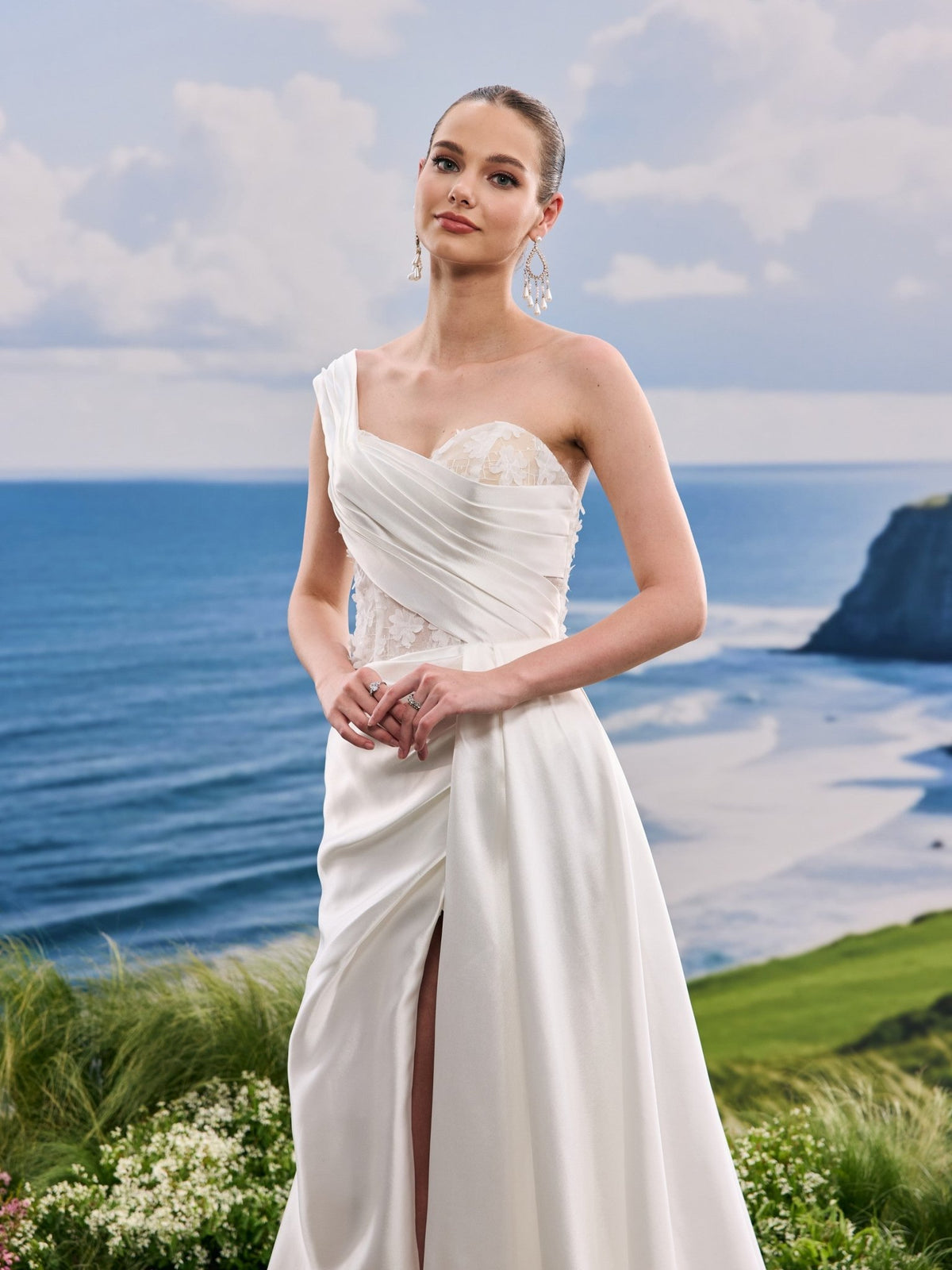 Adelia white A-Line wedding dress, detail and alternate angle