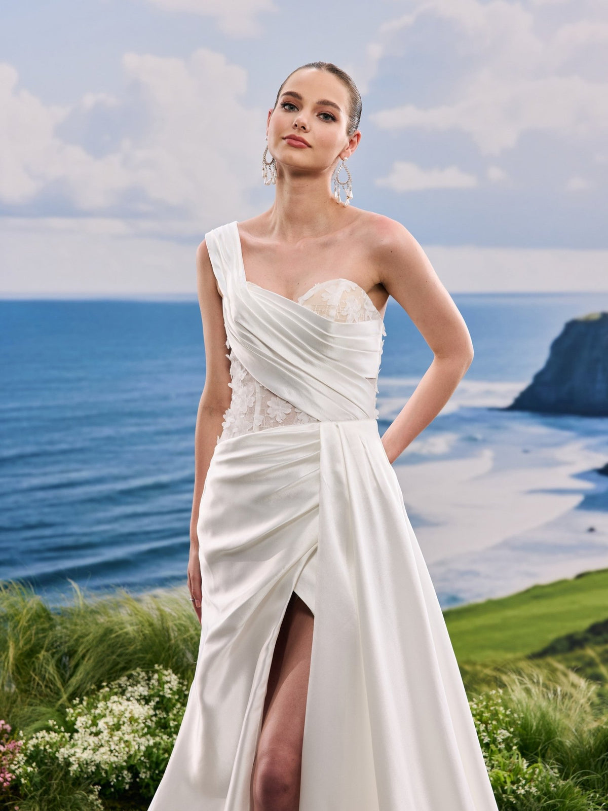 Adelia white A-Line wedding dress, detail and alternate angle
