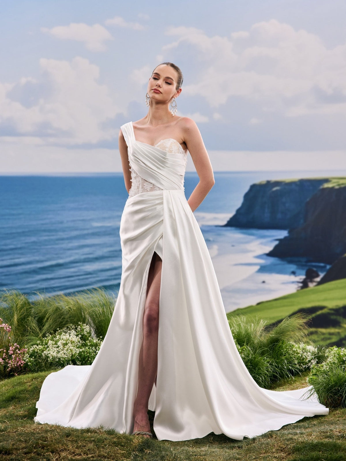 Adelia white A-Line wedding dress, detail and alternate angle