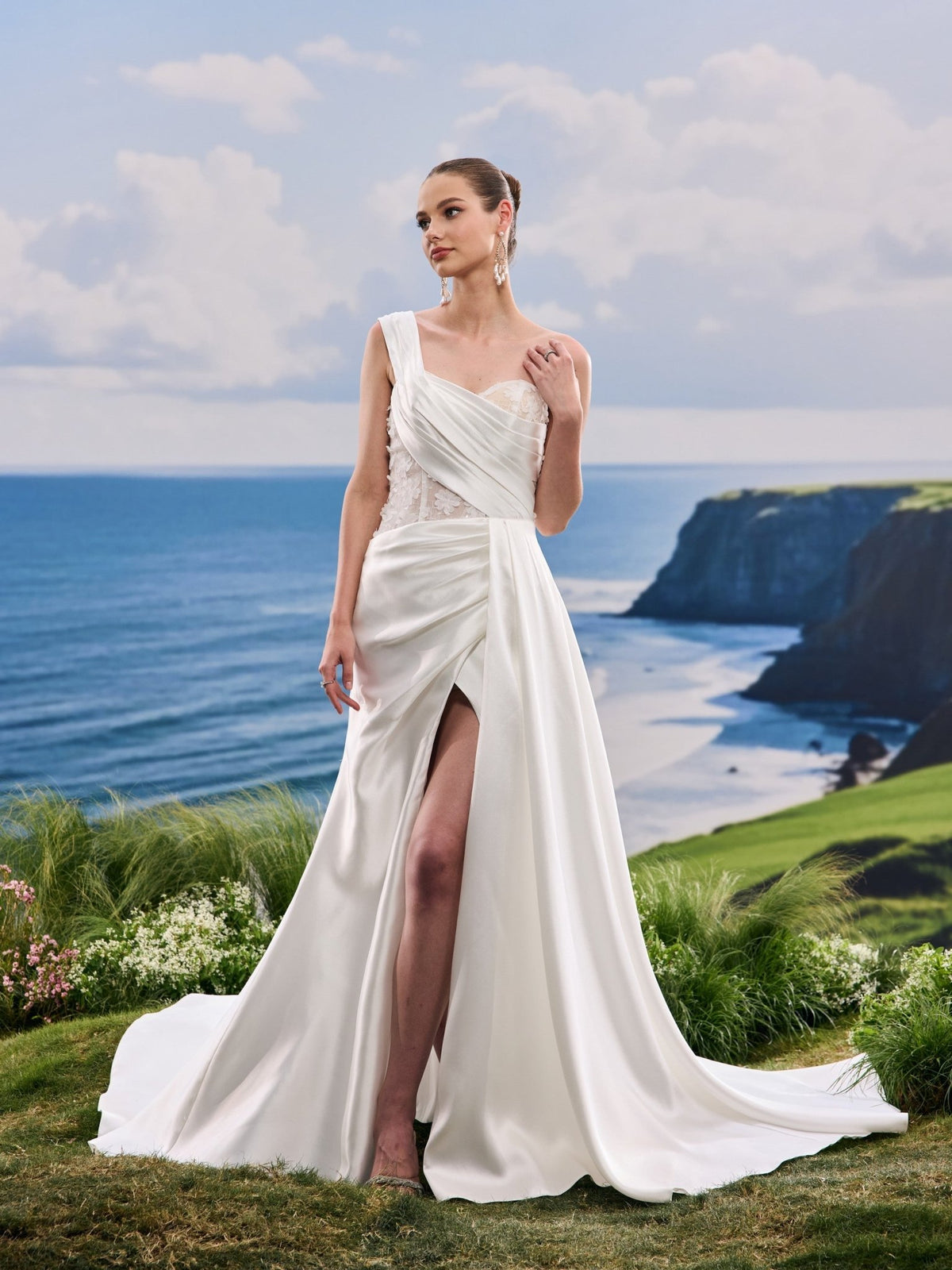 Adelia white A-Line wedding dress, detail and alternate angle