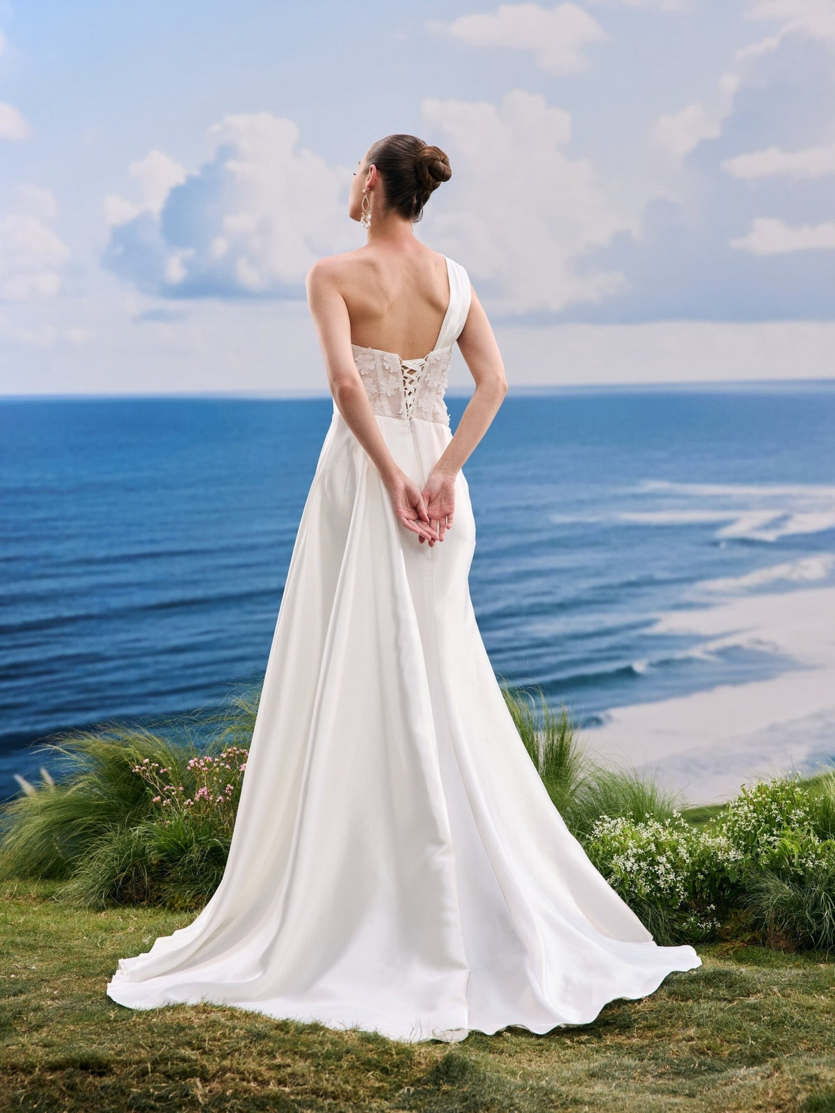 Adelia white A-Line wedding dress, back view