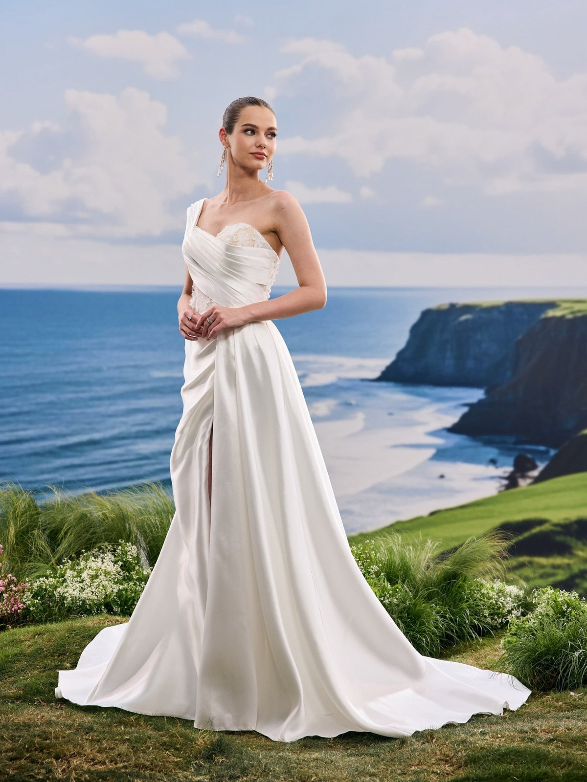 Adelia white A-Line wedding dress, detail and alternate angle