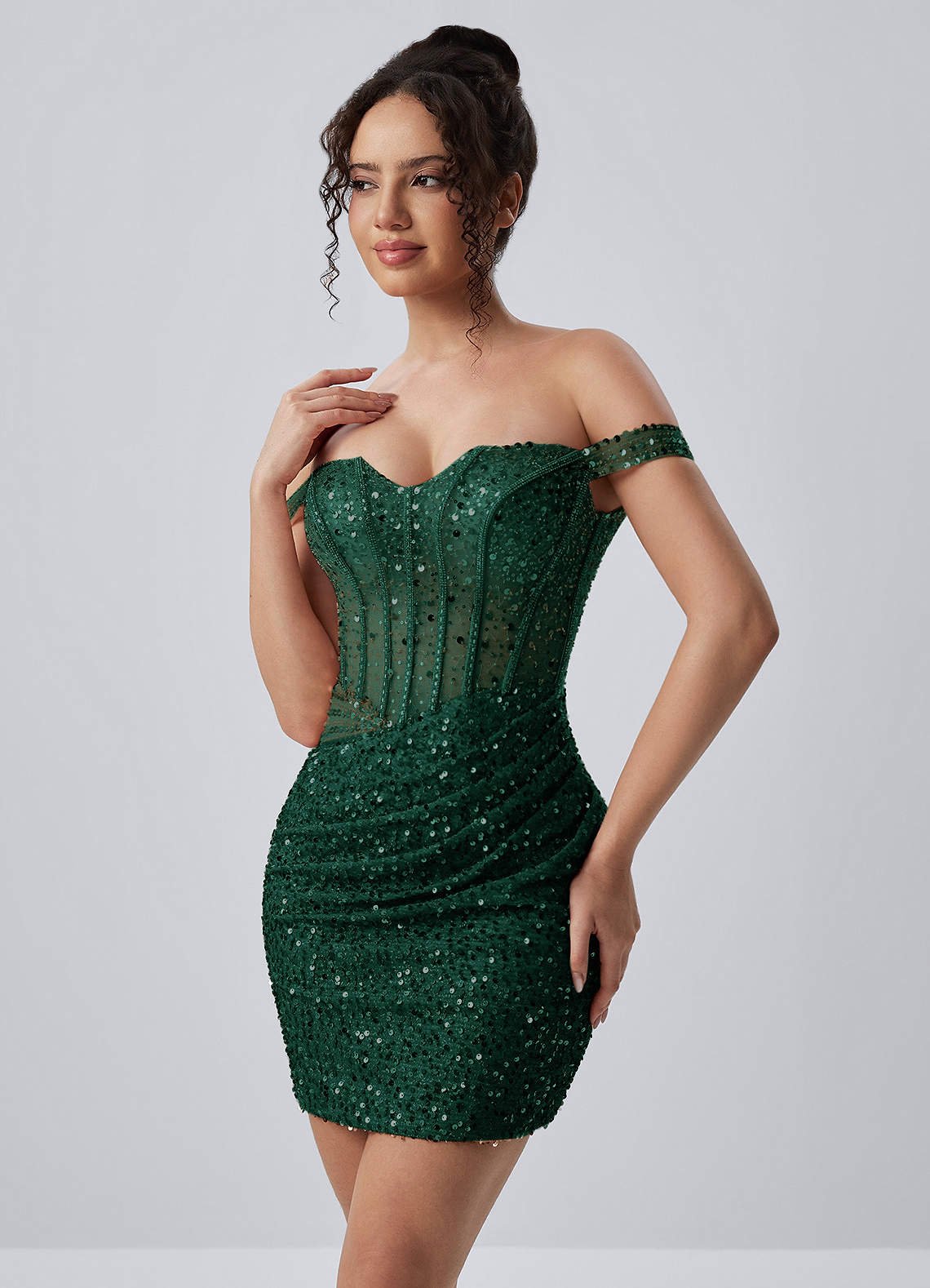 Valentinella Bodycon Mini Off-the-Shoulder Sequin Mesh Prom Dress in Dark Green