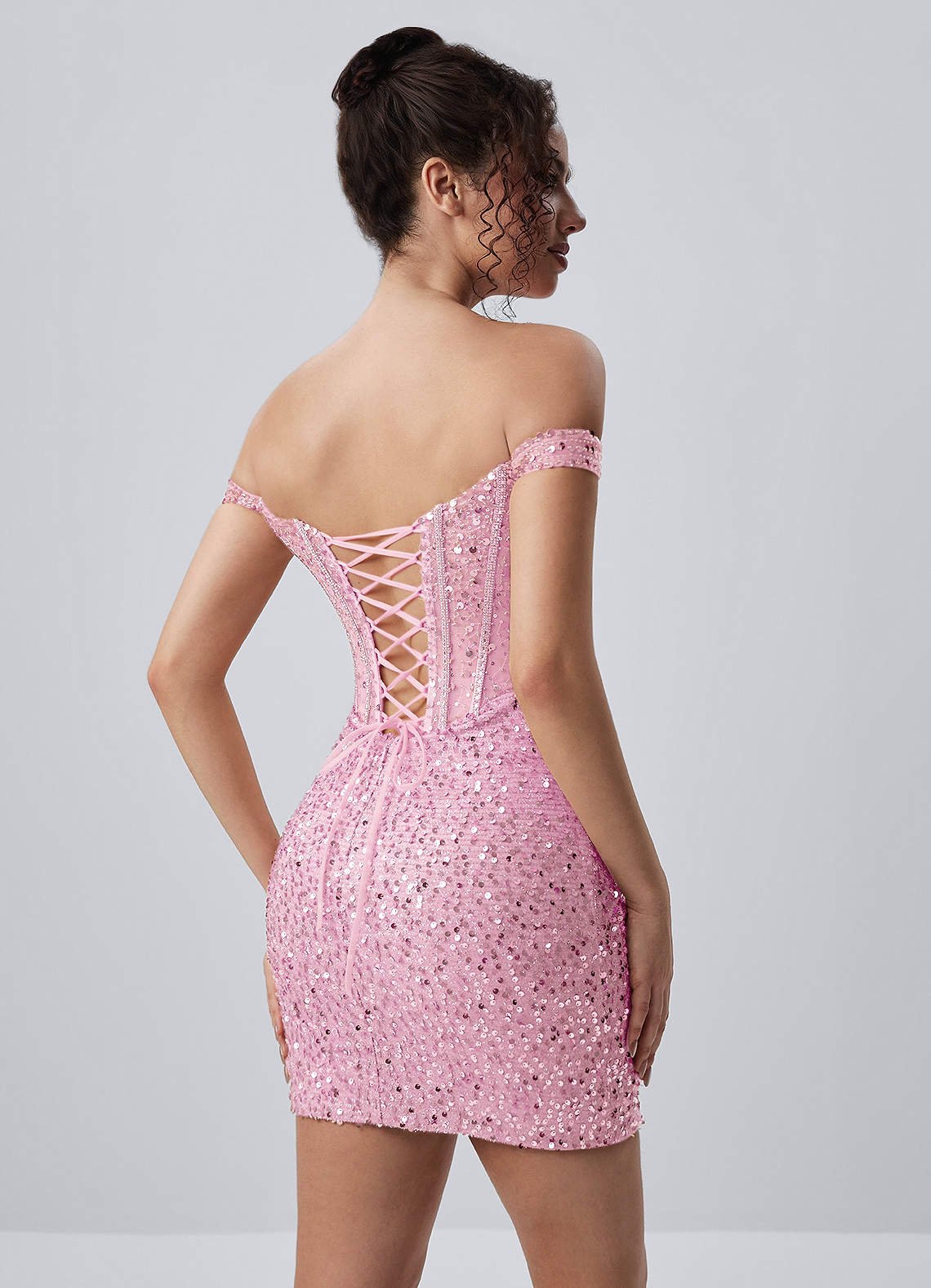 Valentinella Bodycon Mini Off-the-Shoulder Sequin Mesh Prom Dress in pink