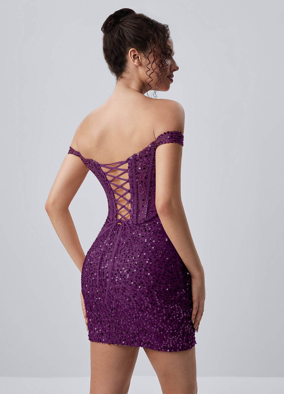 Valentinella Bodycon Mini Off-the-Shoulder Sequin Mesh Prom Dress in Grape