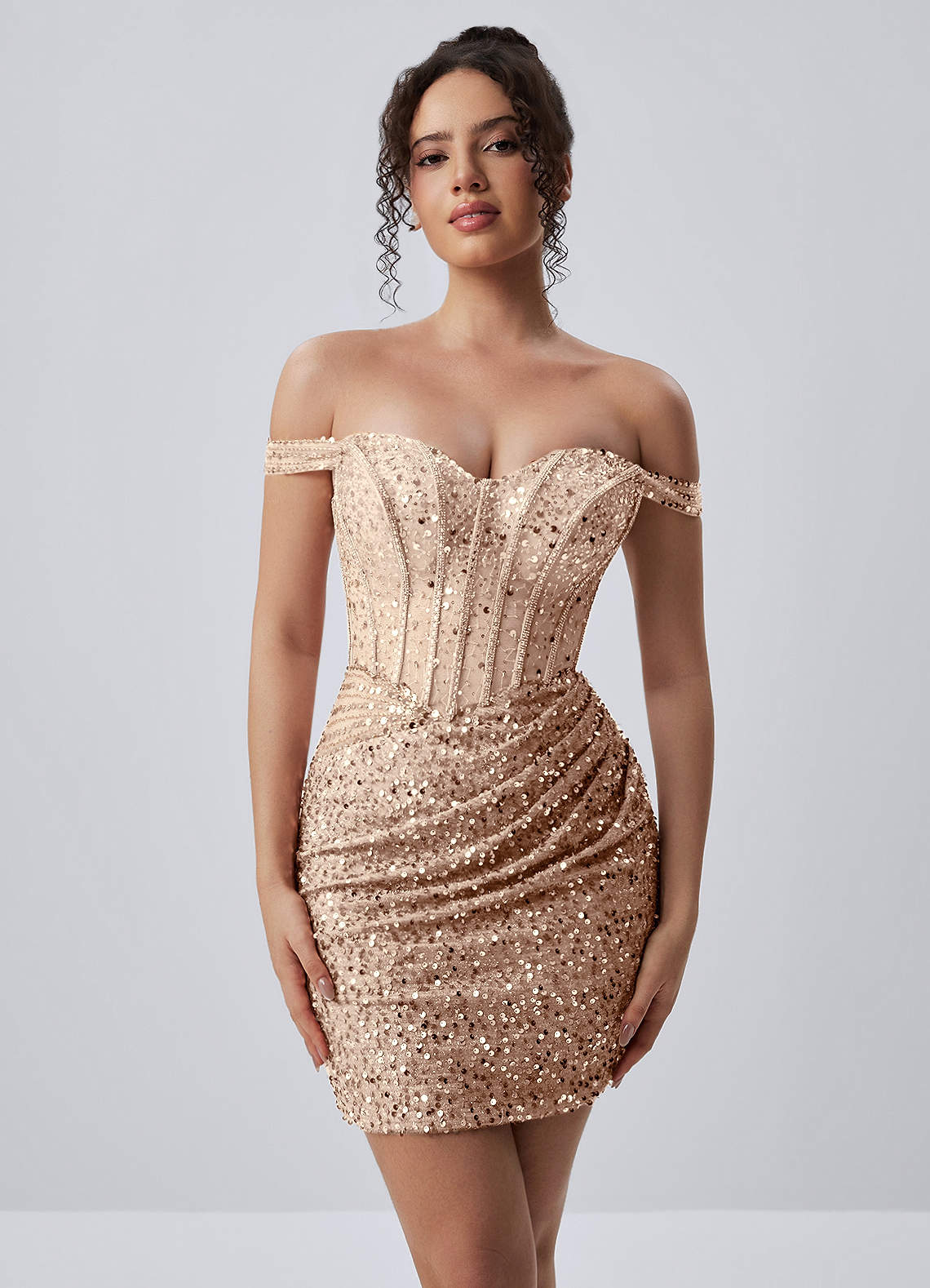 Valentinella Bodycon Mini Off-the-Shoulder Sequin Mesh Prom Dress in black