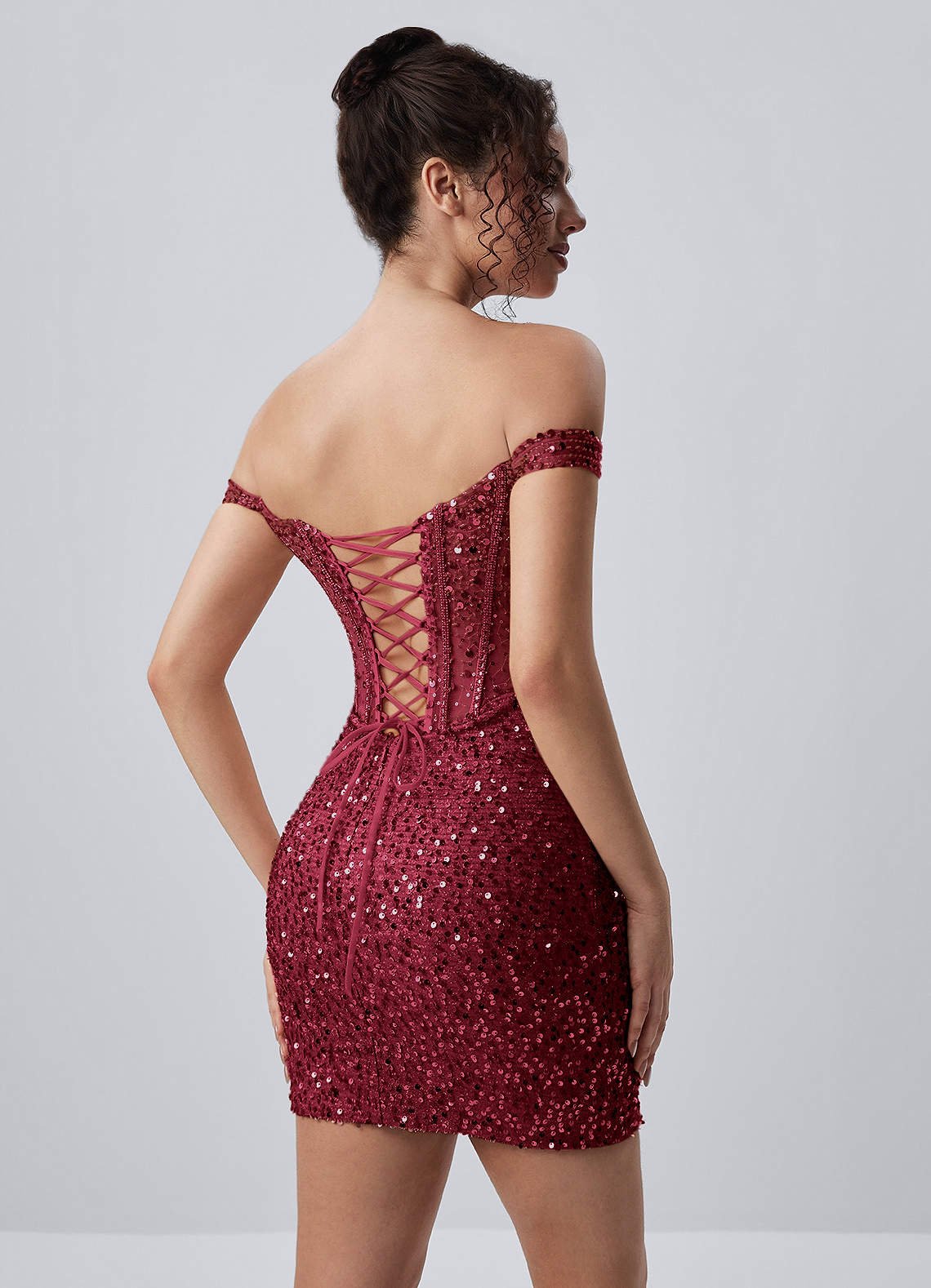 Valentinella Bodycon Mini Off-the-Shoulder Sequin Mesh Prom Dress in Burgundy