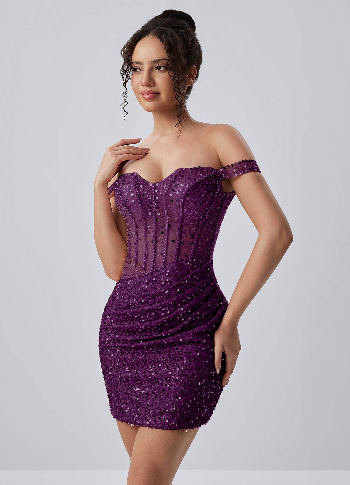 Valentinella Bodycon Mini Off-the-Shoulder Sequin Mesh Prom Dress in Grape