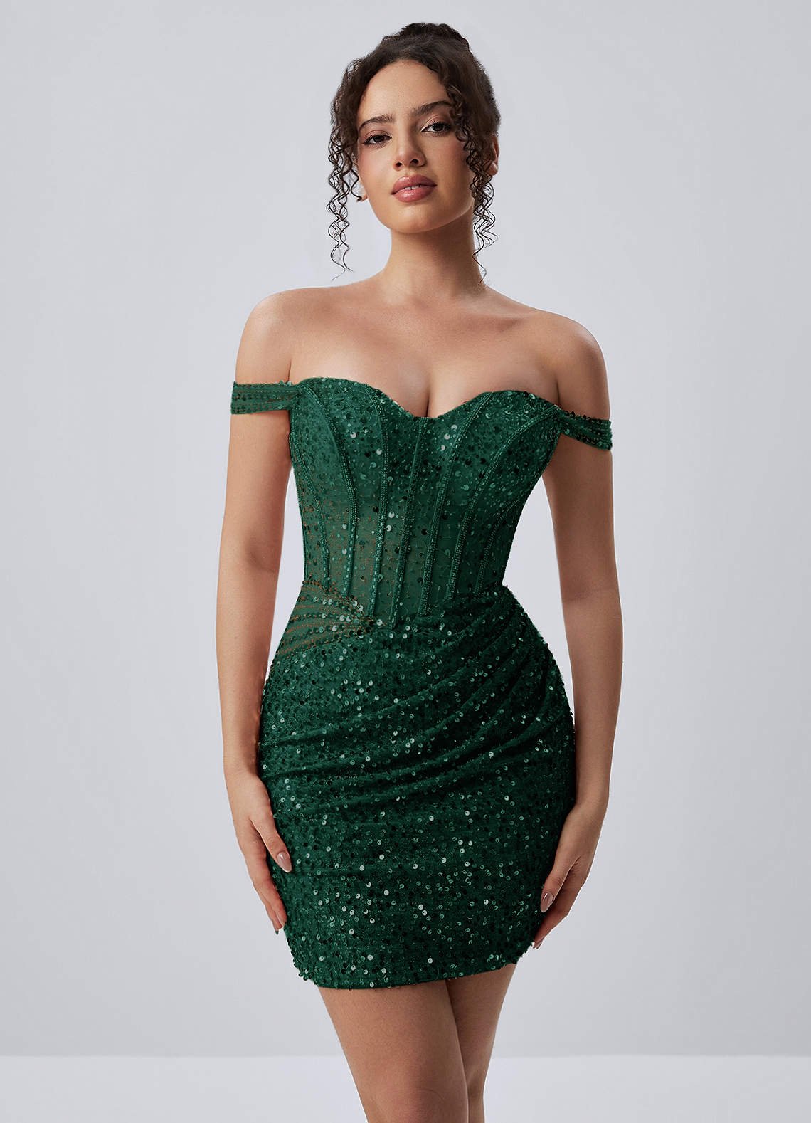 Valentinella Bodycon Mini Off-the-Shoulder Sequin Mesh Prom Dress in black