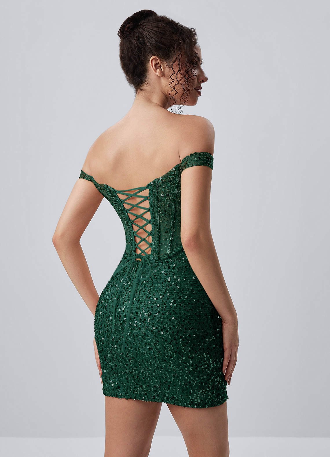 Valentinella Bodycon Mini Off-the-Shoulder Sequin Mesh Prom Dress in Dark Green