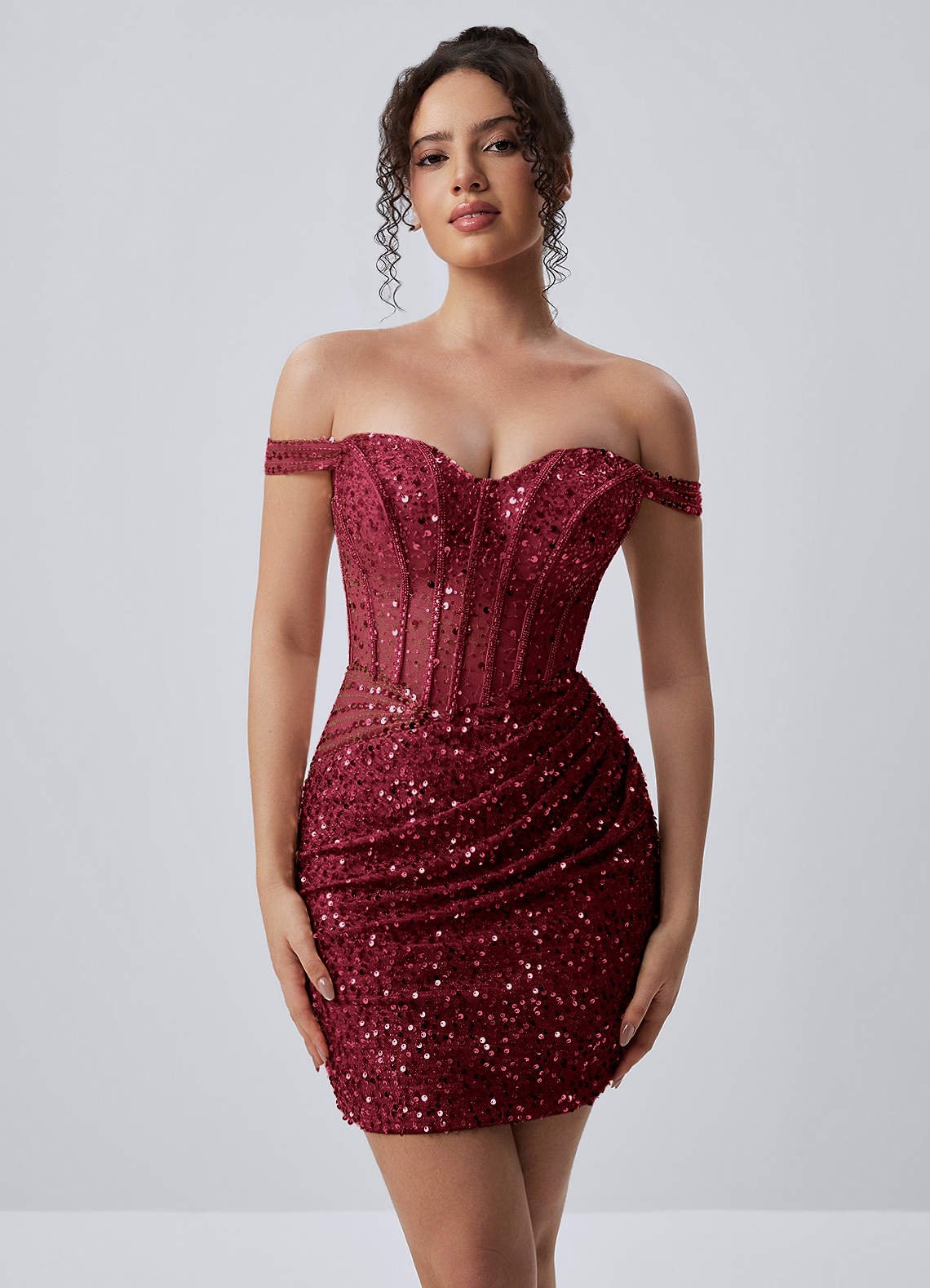 Valentinella Bodycon Mini Off-the-Shoulder Sequin Mesh Prom Dress in black