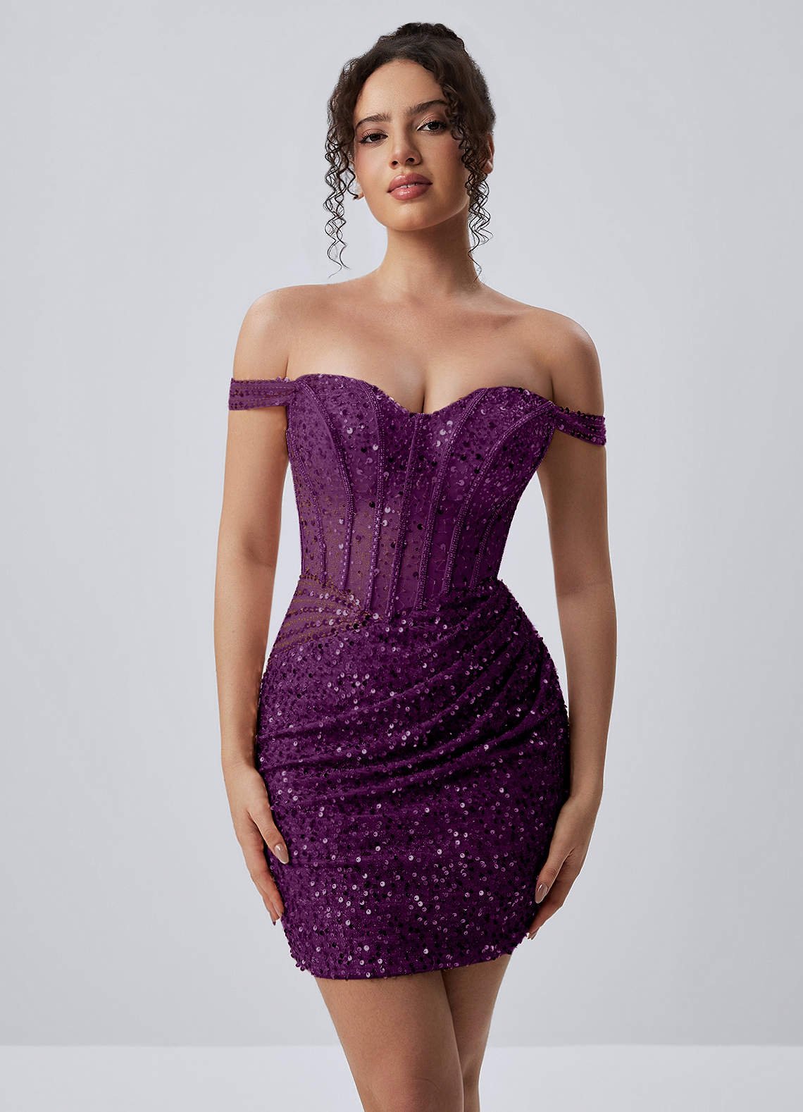 Valentinella Bodycon Mini Off-the-Shoulder Sequin Mesh Prom Dress in black