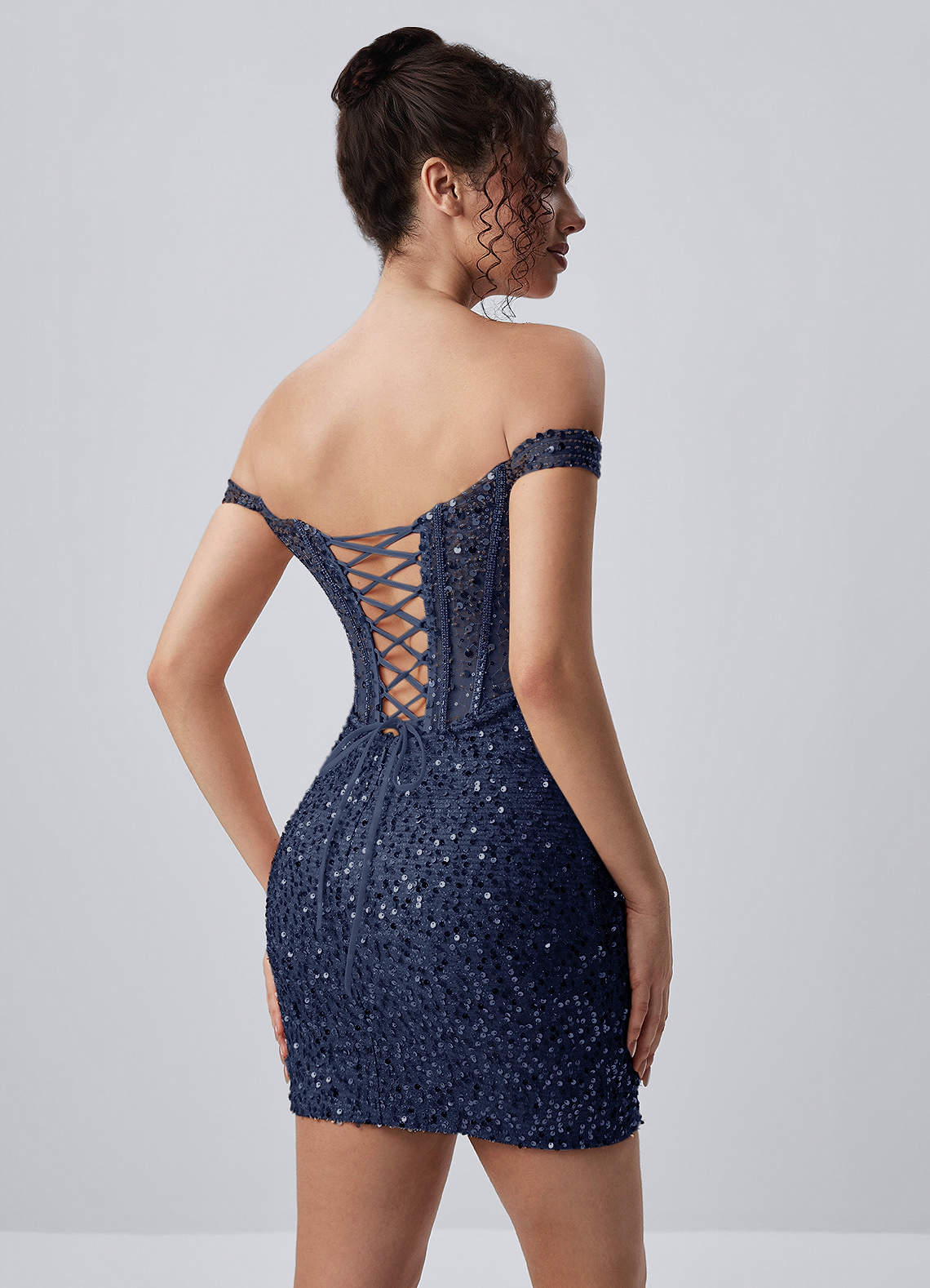 Valentinella Bodycon Mini Off-the-Shoulder Sequin Mesh Prom Dress in Navy