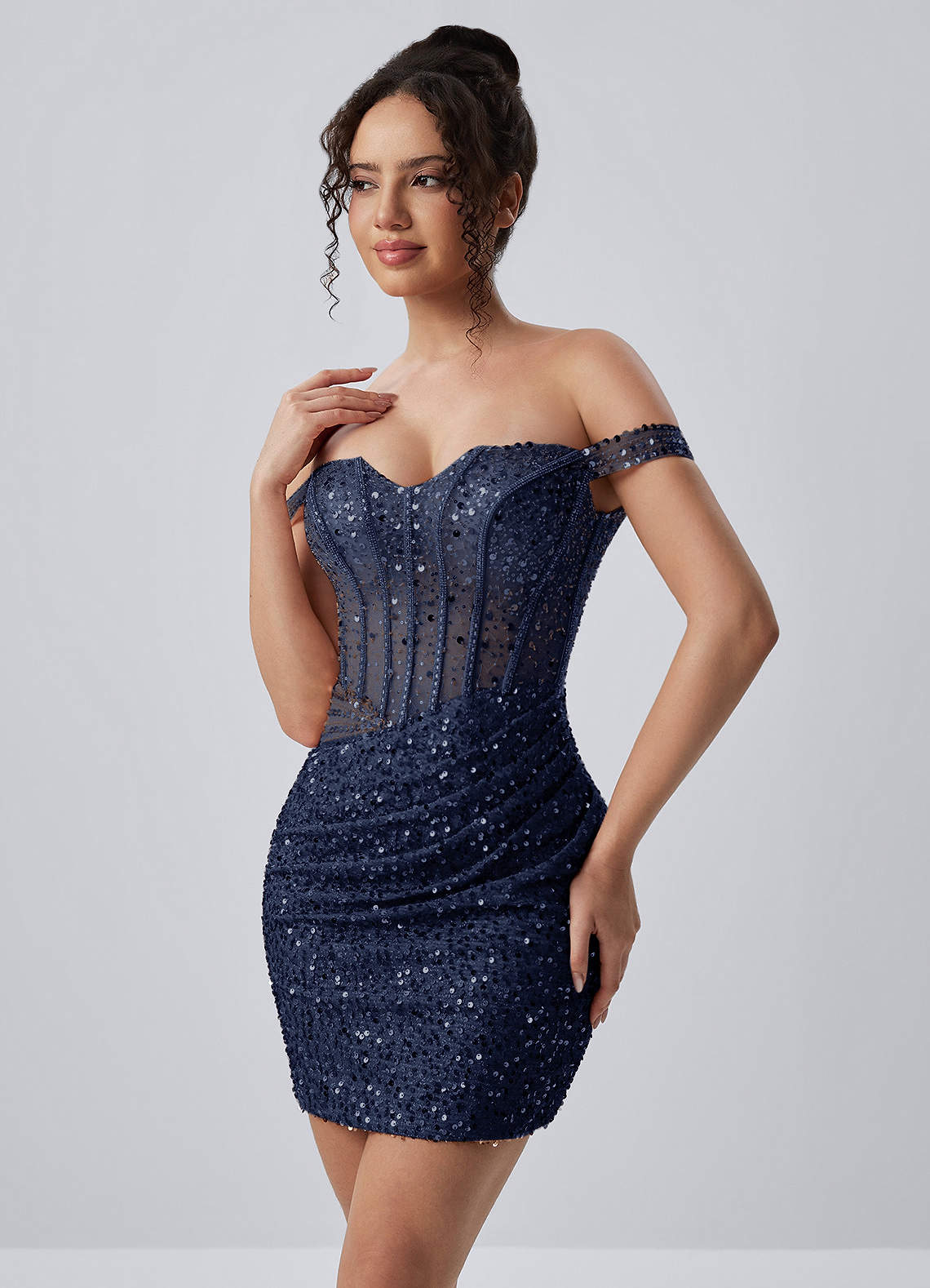 Valentinella Bodycon Mini Off-the-Shoulder Sequin Mesh Prom Dress in Navy