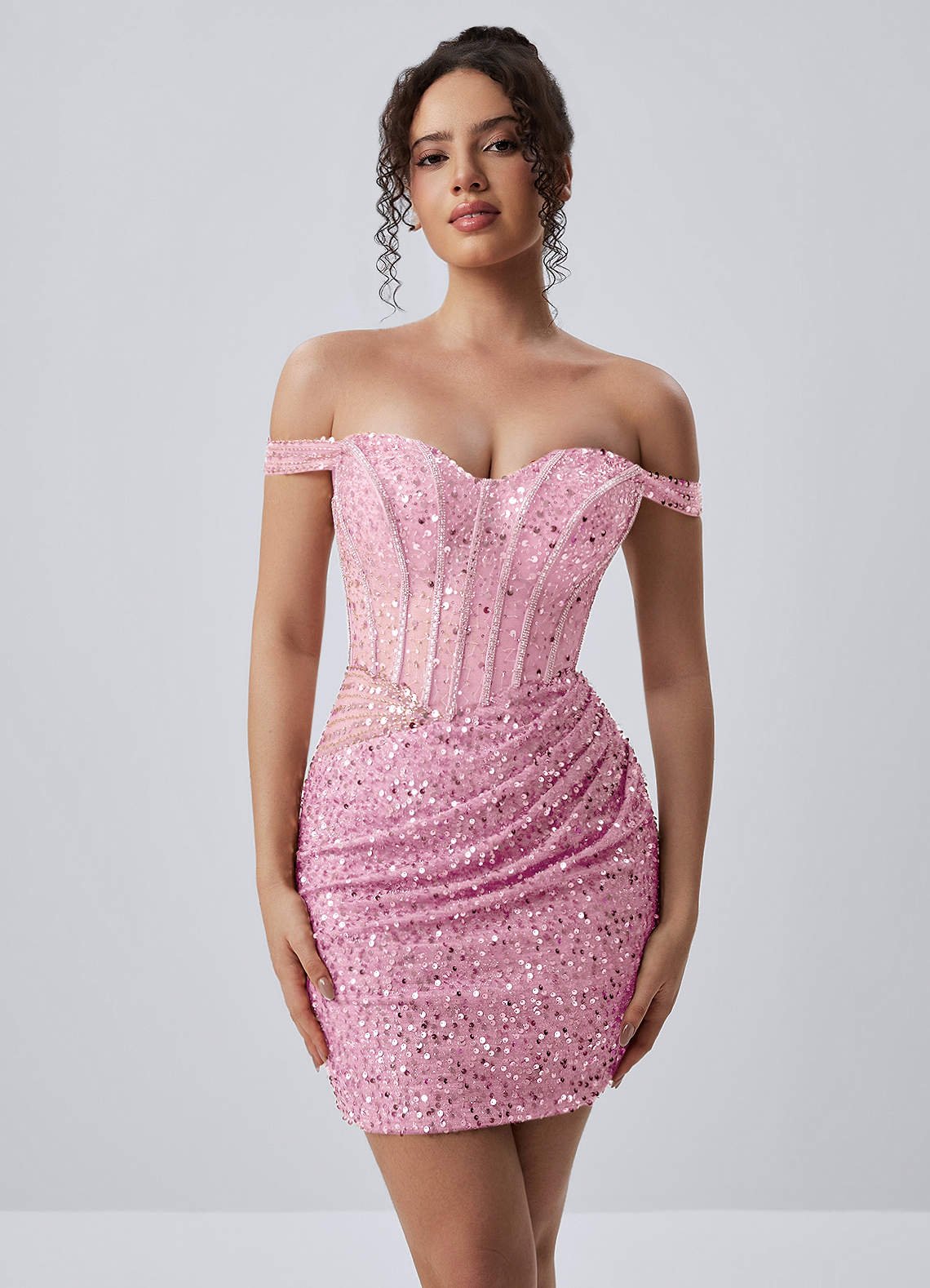 Valentinella Bodycon Mini Off-the-Shoulder Sequin Mesh Prom Dress in black