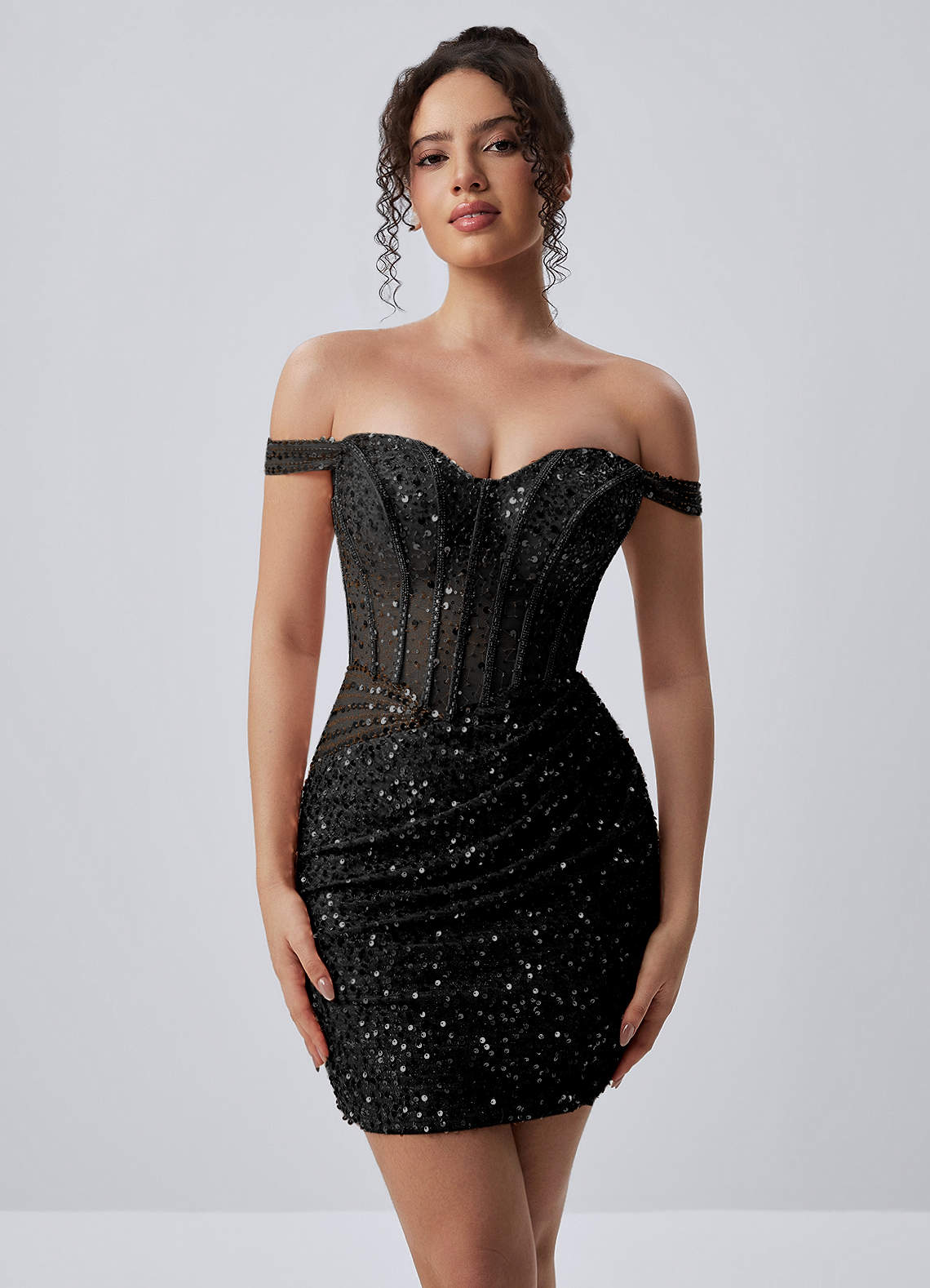 Valentinella Bodycon Mini Off-the-Shoulder Sequin Mesh Prom Dress in black