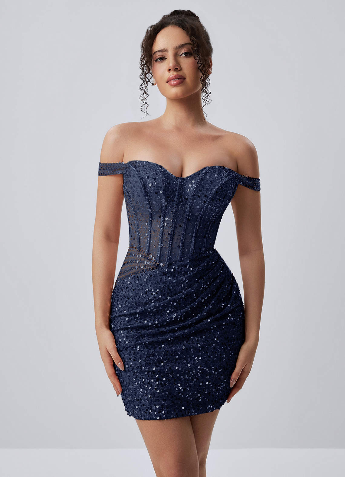Valentinella Bodycon Mini Off-the-Shoulder Sequin Mesh Prom Dress in black