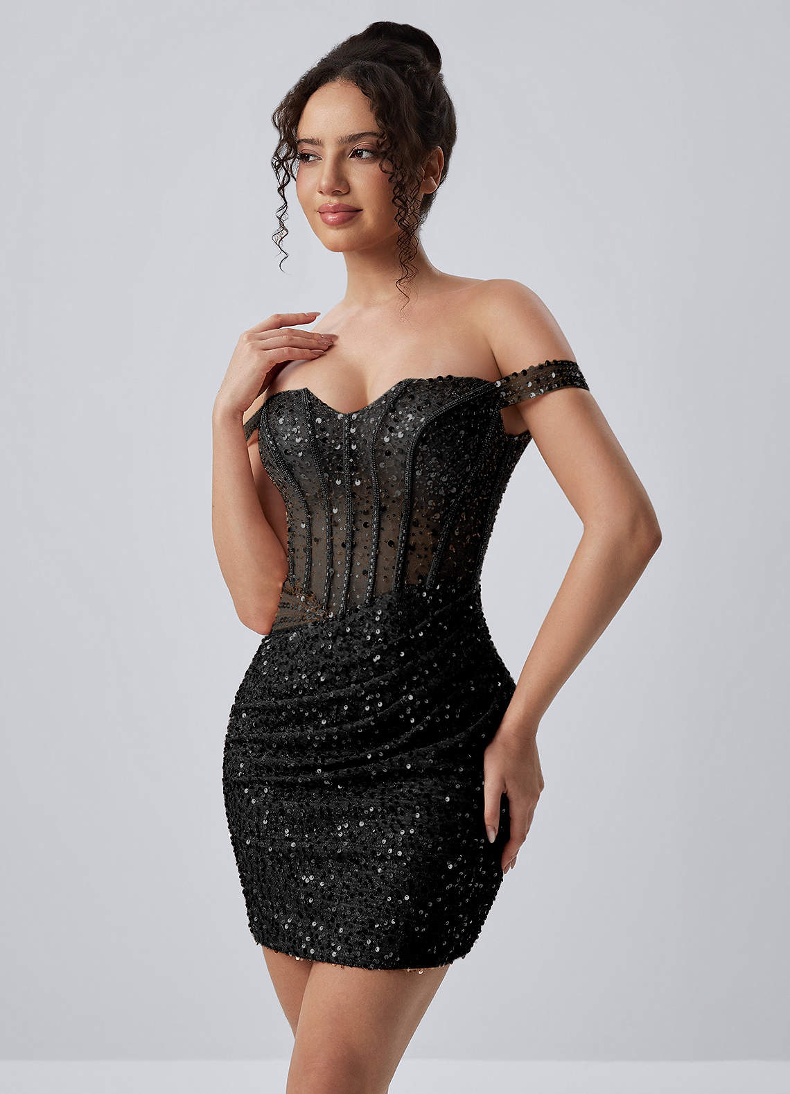 Valentinella Bodycon Mini Off-the-Shoulder Sequin Mesh Prom Dress in black