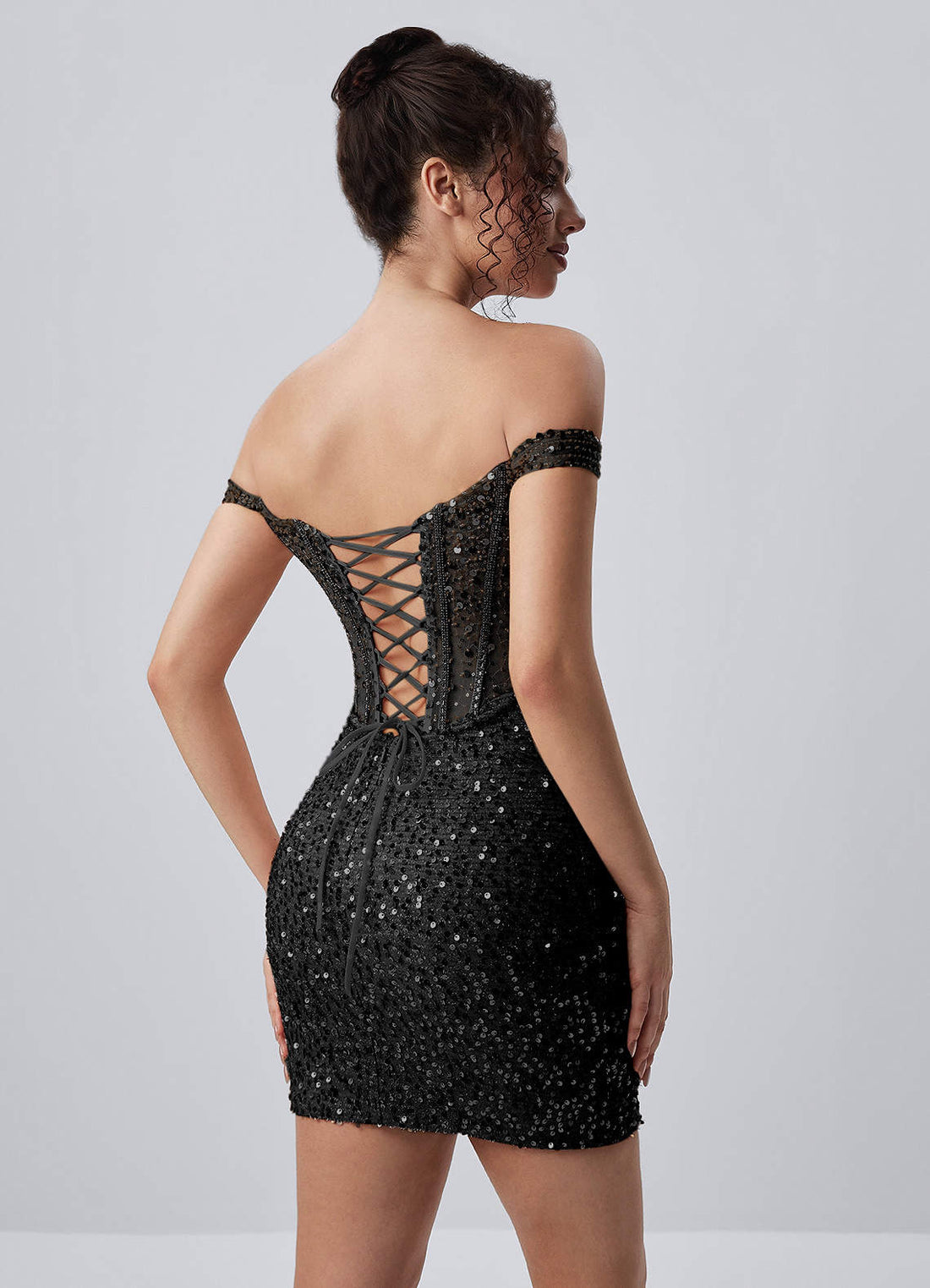 Valentinella Bodycon Mini Off-the-Shoulder Sequin Mesh Prom Dress in black