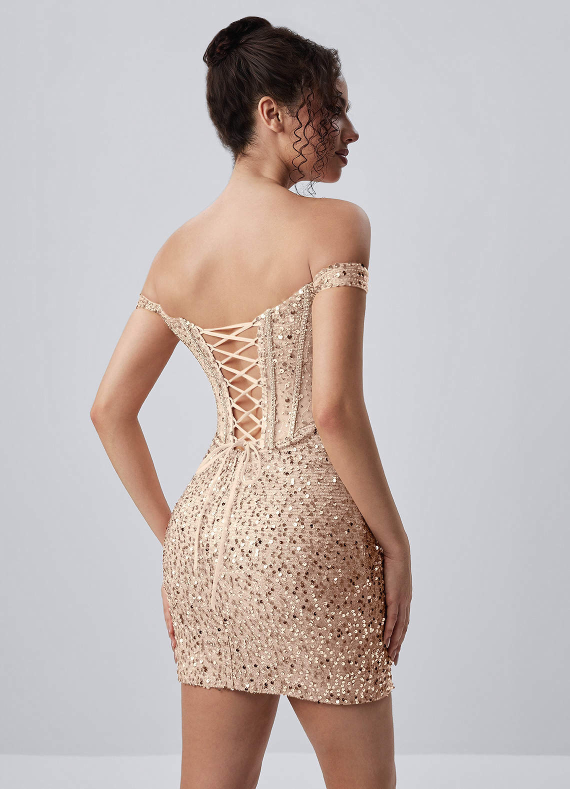 Valentinella Bodycon Mini Off-the-Shoulder Sequin Mesh Prom Dress in champagne