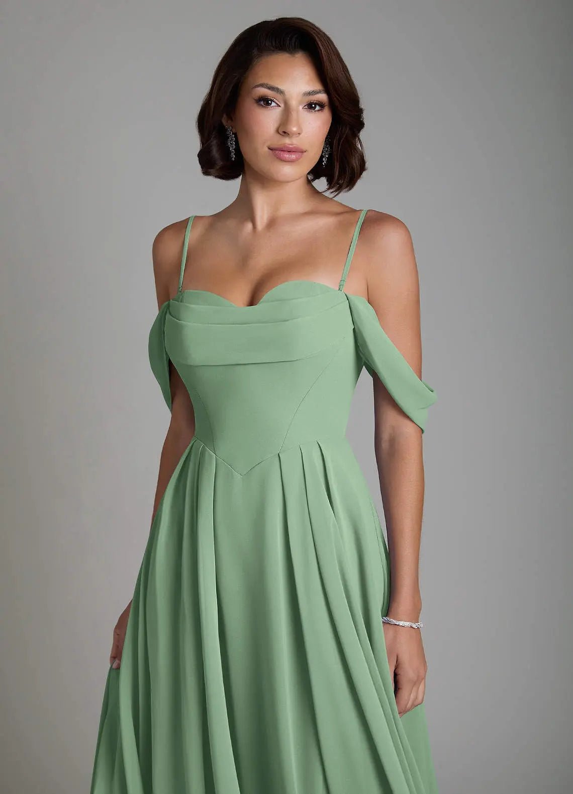 Loisa A-Line Off-the-Shoulder Chiffon Bridesmaid Dress in Matcha