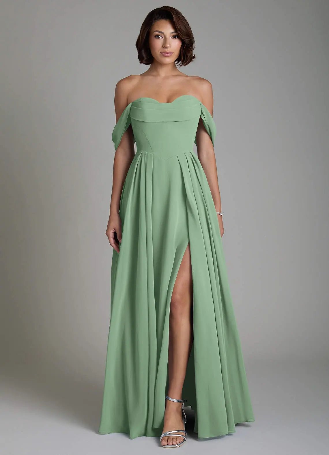 Loisa A-Line Off-the-Shoulder Chiffon Bridesmaid Dress in Matcha
