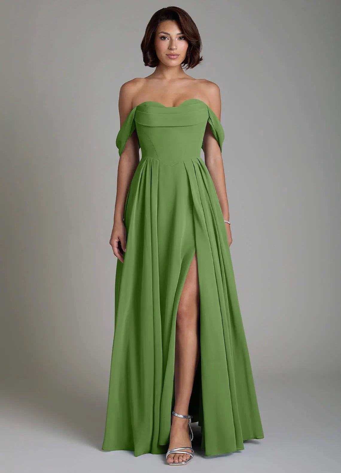Loisa A-Line Off-the-Shoulder Chiffon Bridesmaid Dress in Basil