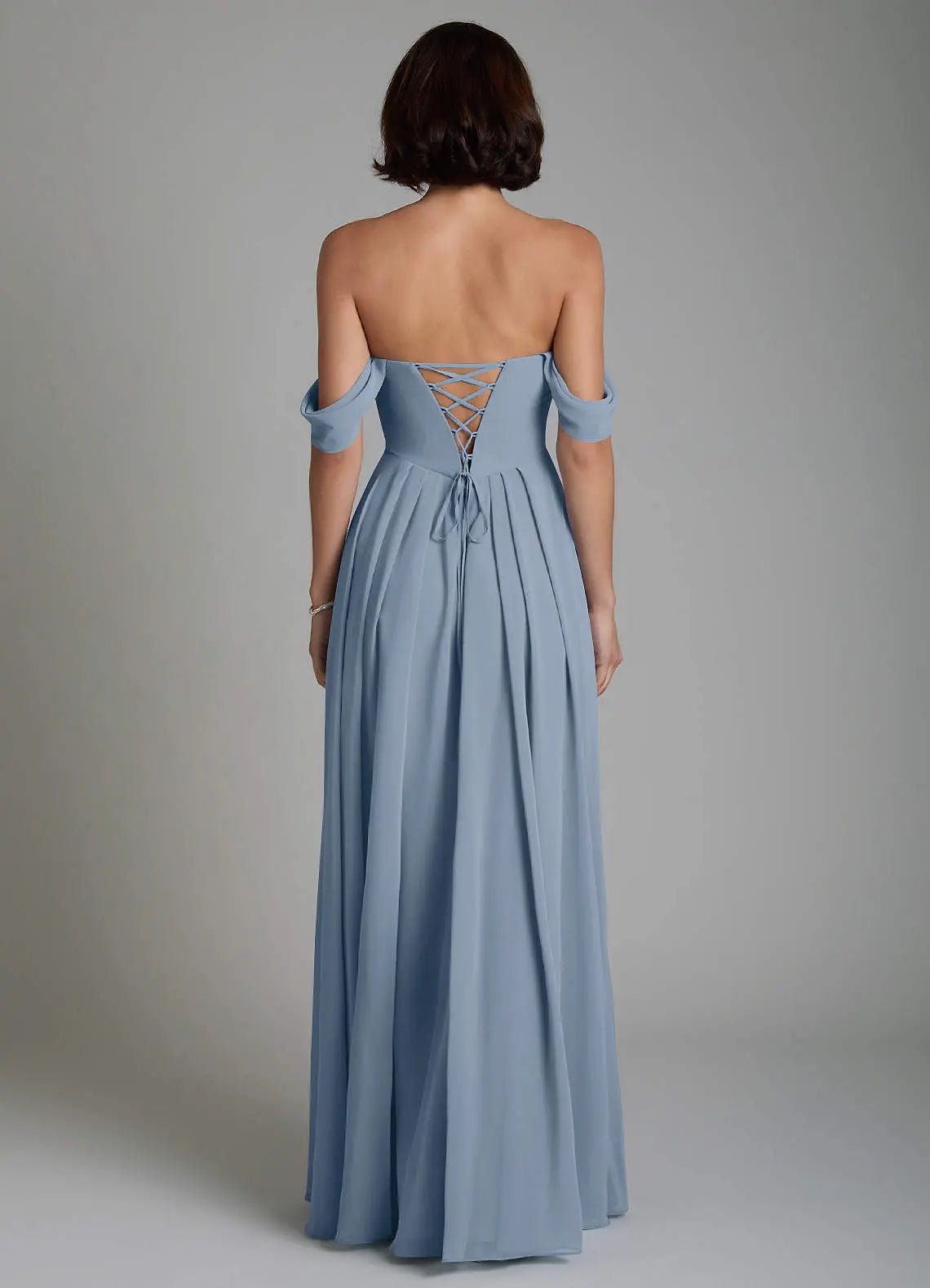 Loisa A-Line Off-the-Shoulder Chiffon Bridesmaid Dress in dusty blue