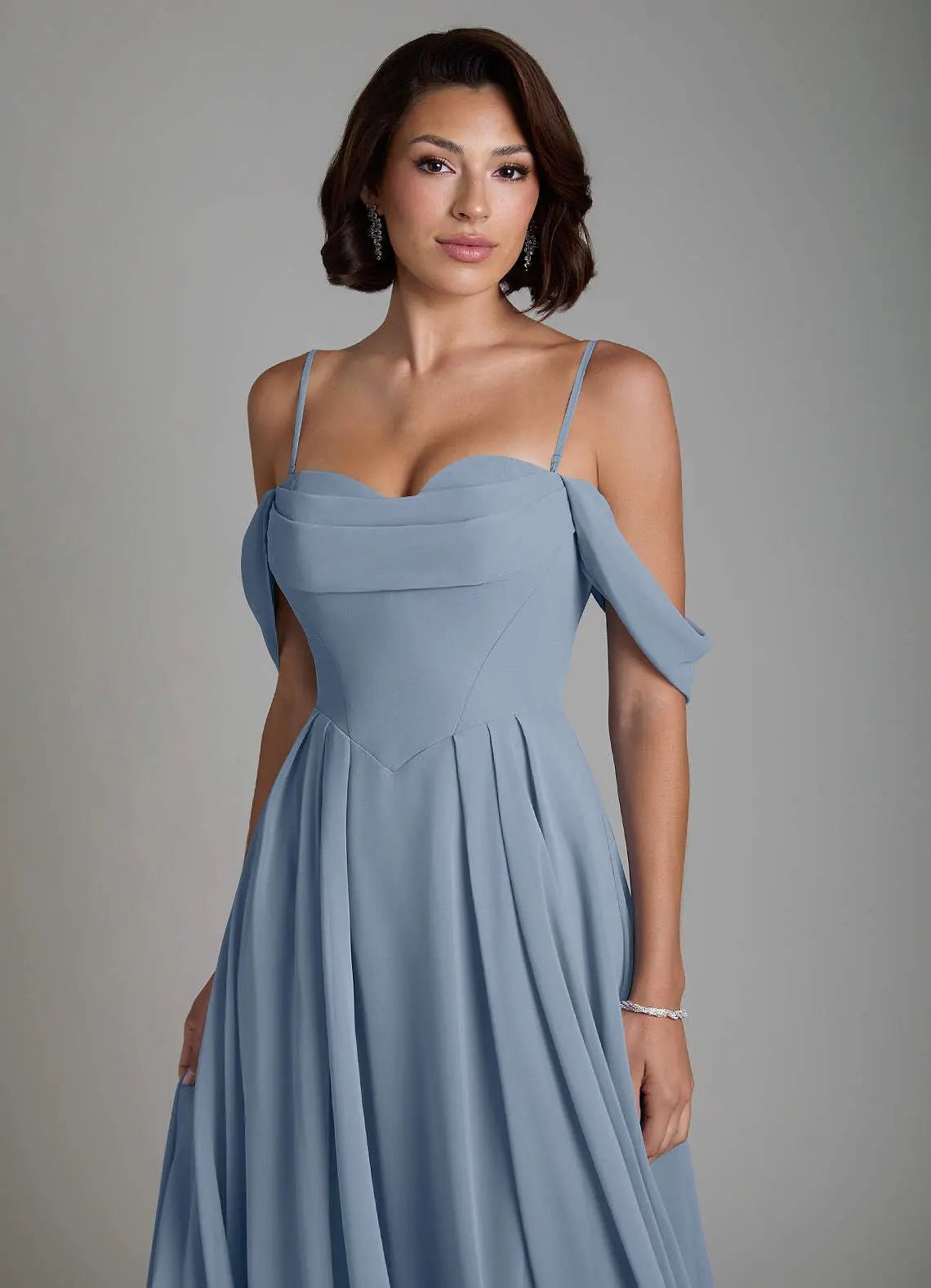Loisa A-Line Off-the-Shoulder Chiffon Bridesmaid Dress in dusty blue