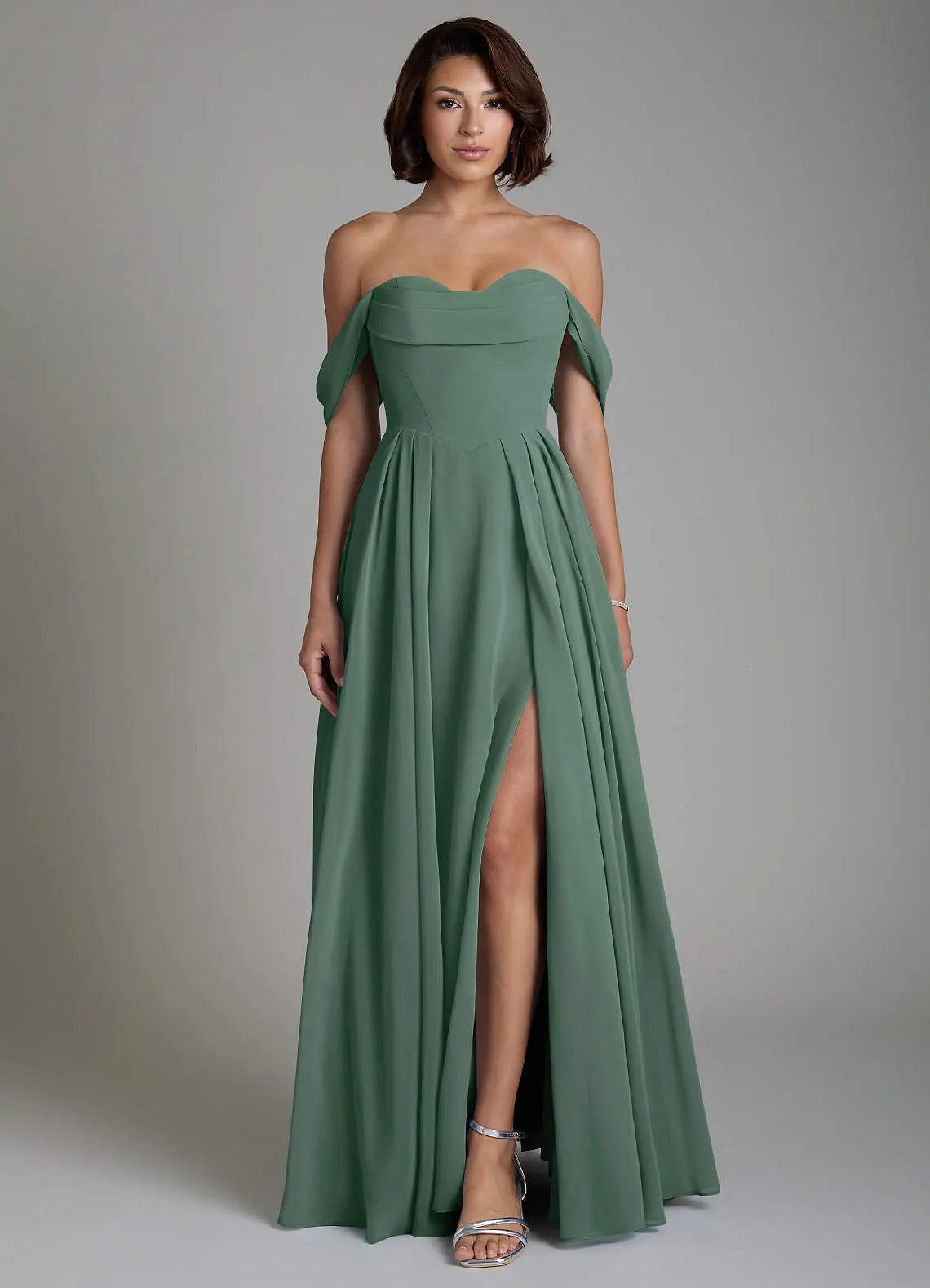 Loisa A-Line Off-the-Shoulder Chiffon Bridesmaid Dress in Sea Moss