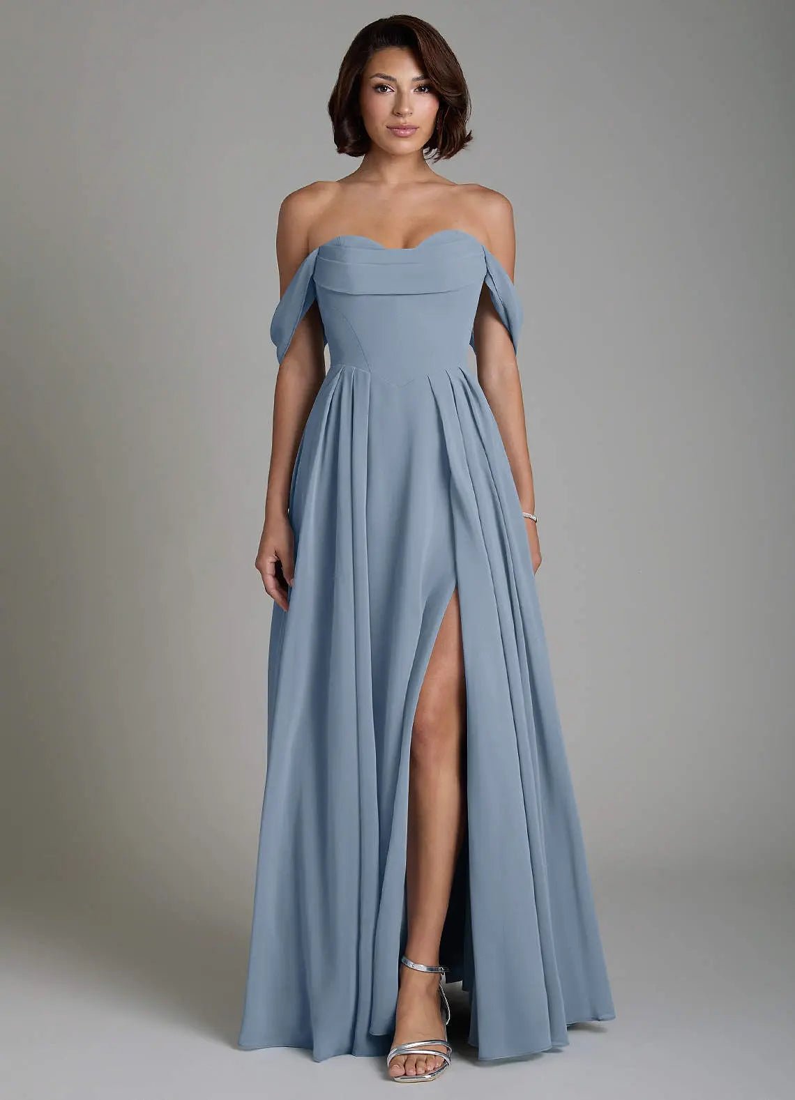Loisa A-Line Off-the-Shoulder Chiffon Bridesmaid Dress in dusty blue