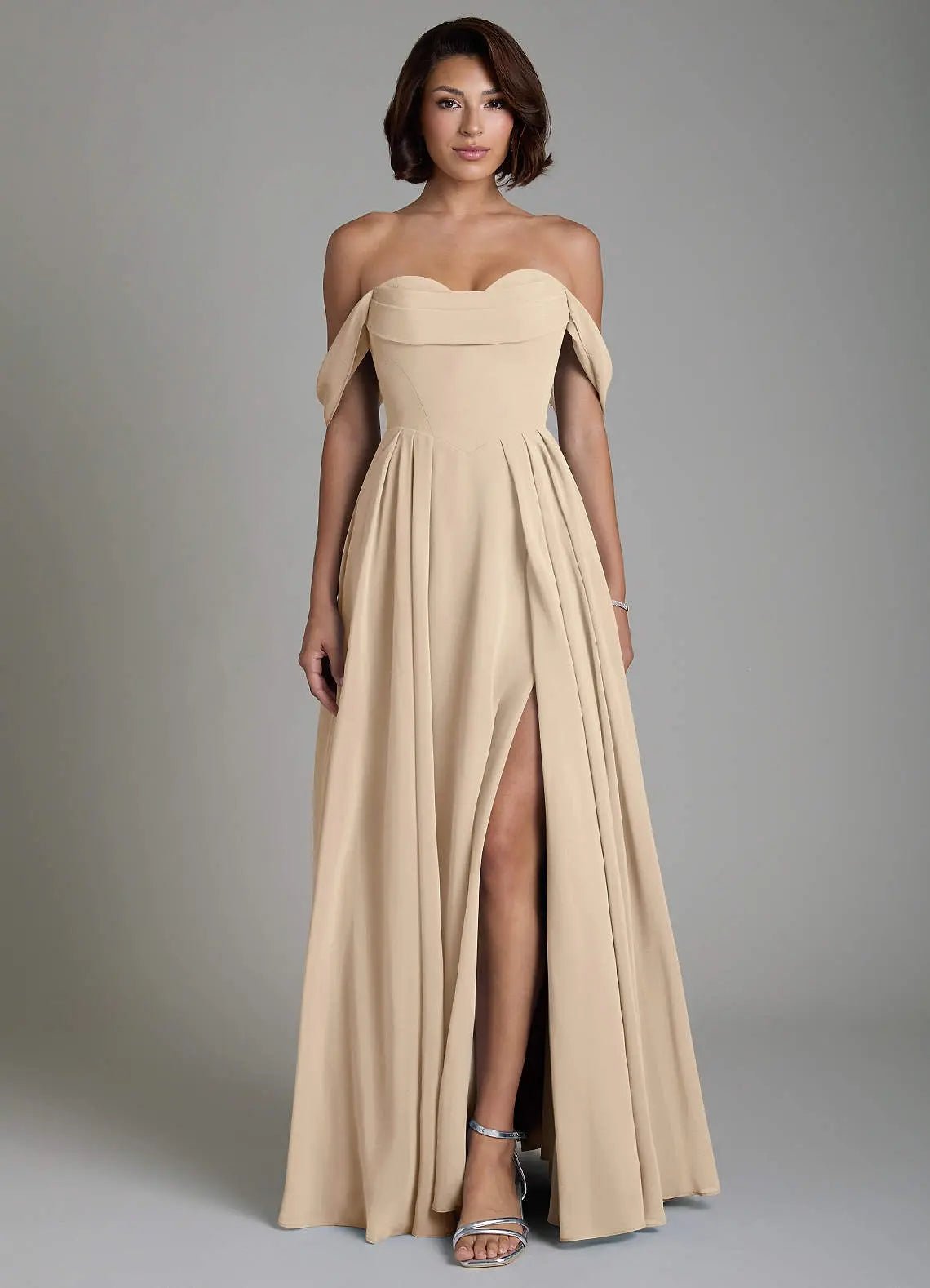 Loisa A-Line Off-the-Shoulder Chiffon Bridesmaid Dress in Champagne