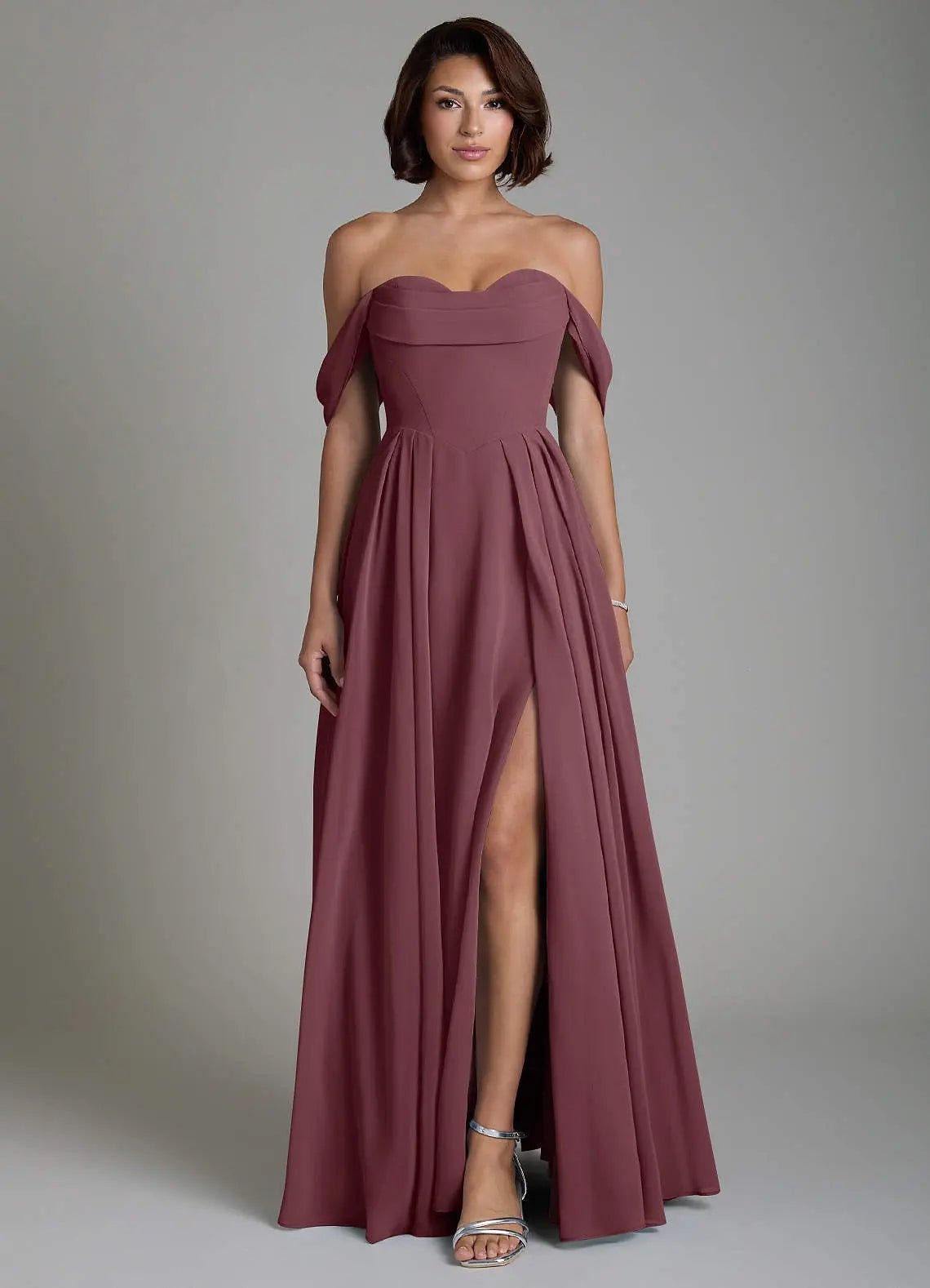 Loisa A-Line Off-the-Shoulder Chiffon Bridesmaid Dress in Sangria