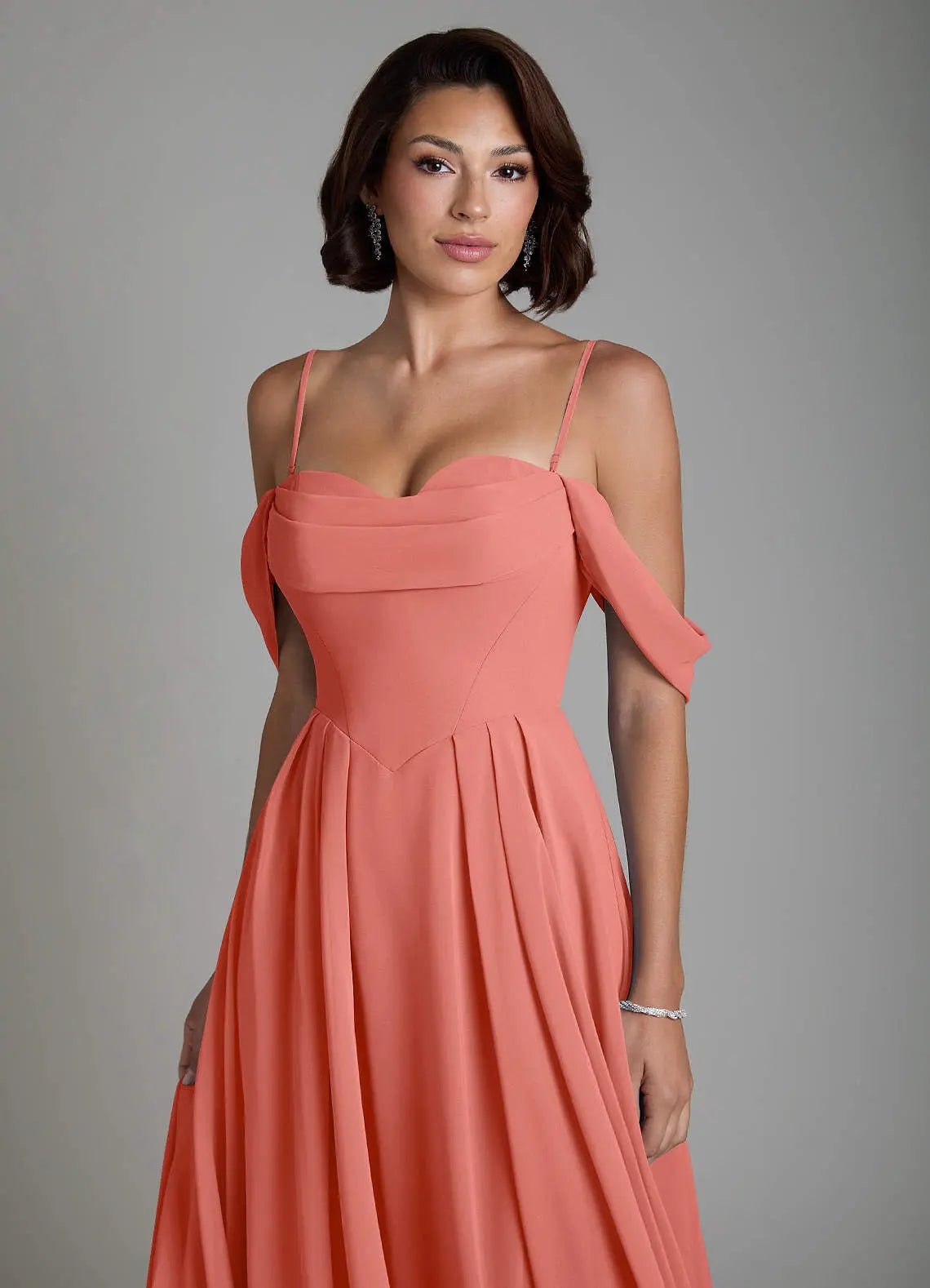 Loisa A-Line Off-the-Shoulder Chiffon Bridesmaid Dress in Salmon Pink