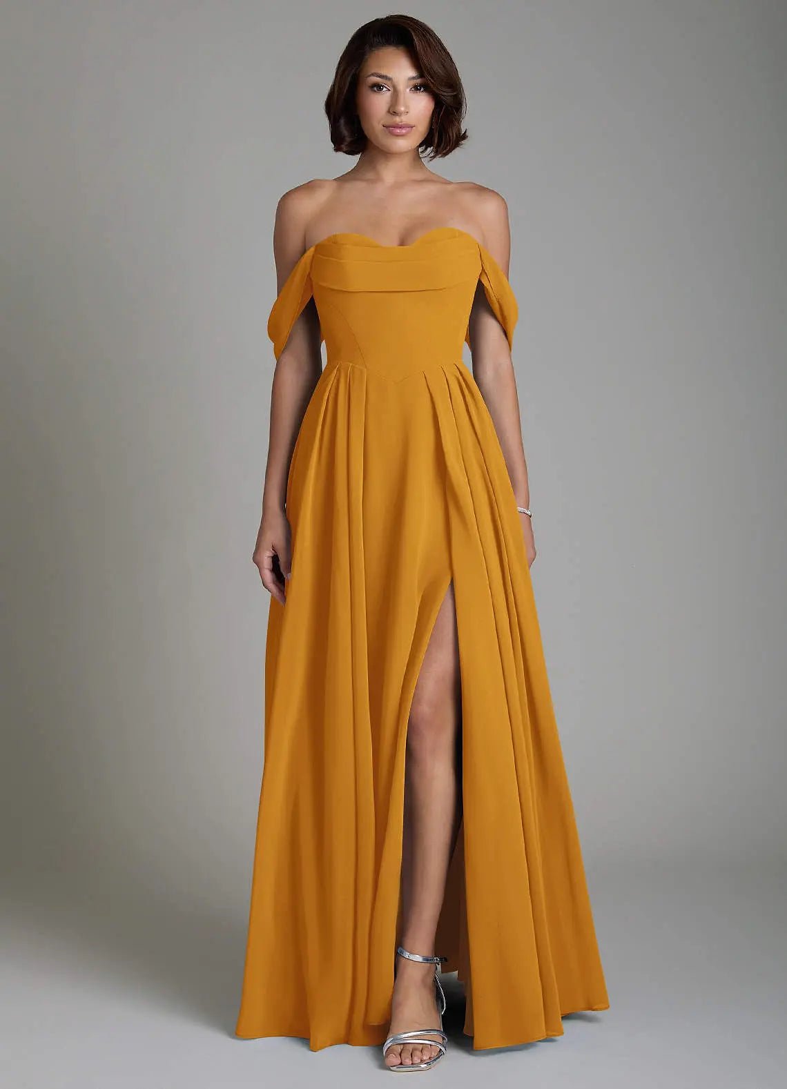 Loisa A-Line Off-the-Shoulder Chiffon Bridesmaid Dress in butterscotch