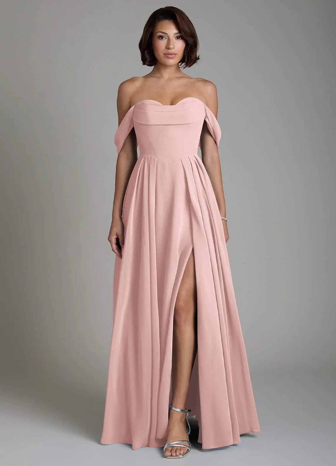 Loisa A-Line Off-the-Shoulder Chiffon Bridesmaid Dress in Powder Pink