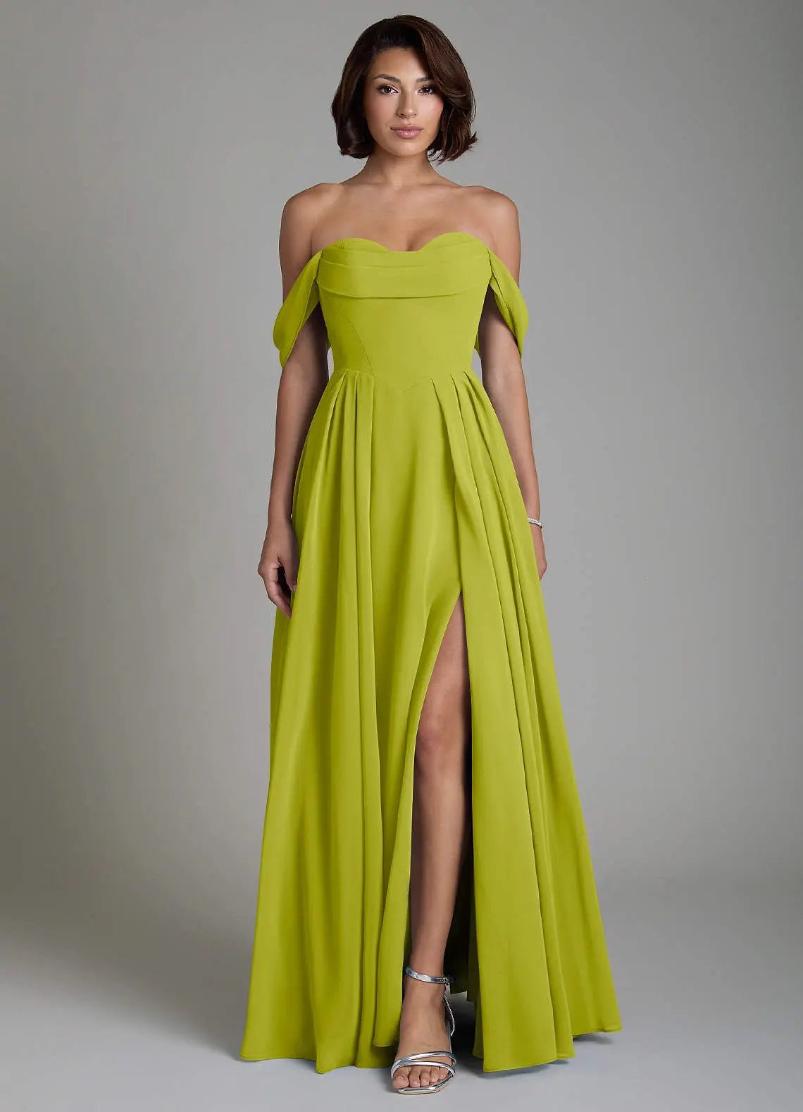 Loisa A-Line Off-the-Shoulder Chiffon Bridesmaid Dress in Lemongrass