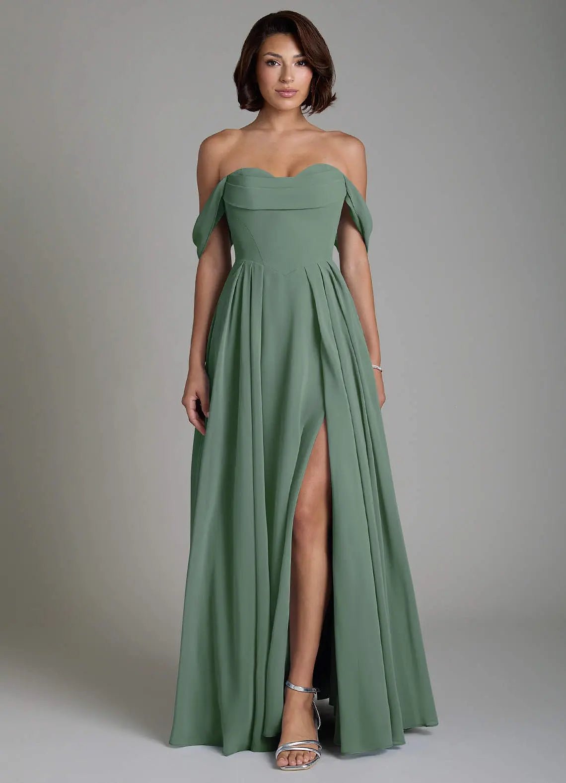 Loisa A-Line Off-the-Shoulder Chiffon Bridesmaid Dress in Eucalyptus