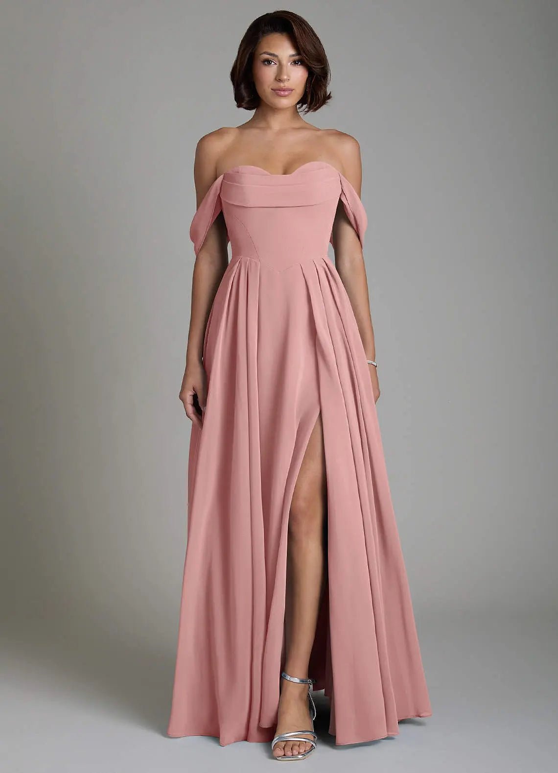 Loisa A-Line Off-the-Shoulder Chiffon Bridesmaid Dress in dusty rose