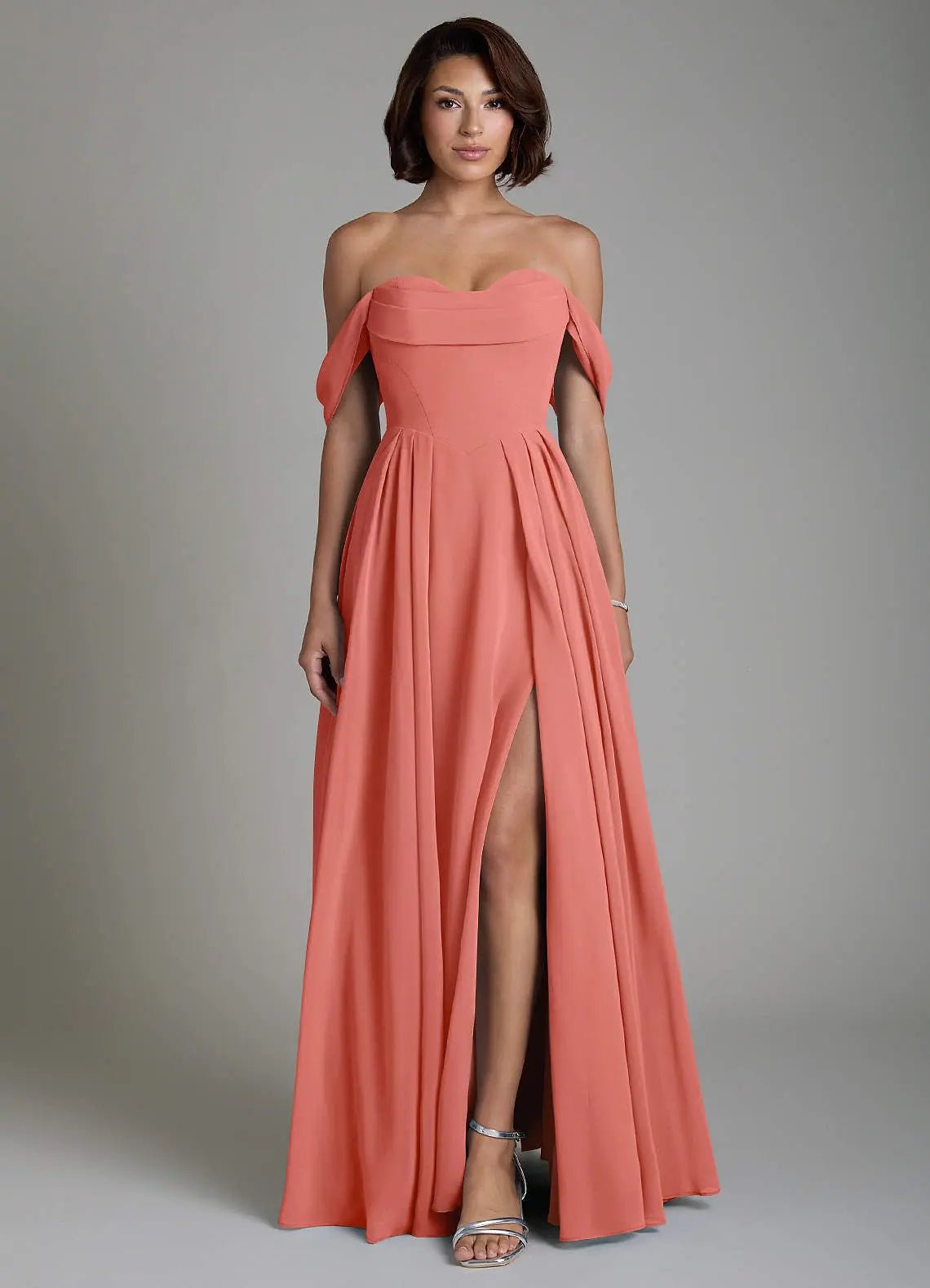 Loisa A-Line Off-the-Shoulder Chiffon Bridesmaid Dress in Salmon Pink