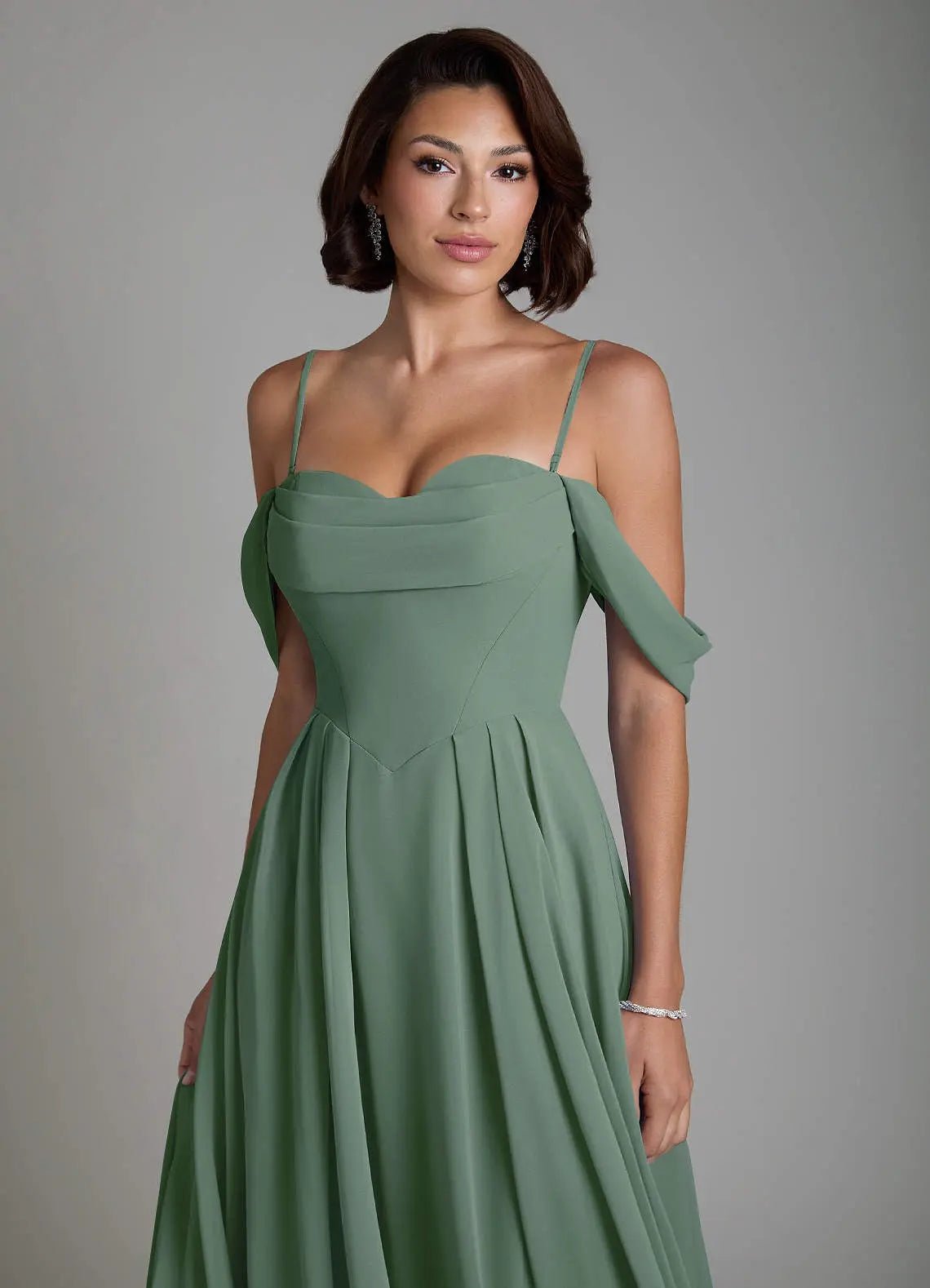 Loisa A-Line Off-the-Shoulder Chiffon Bridesmaid Dress in Eucalyptus